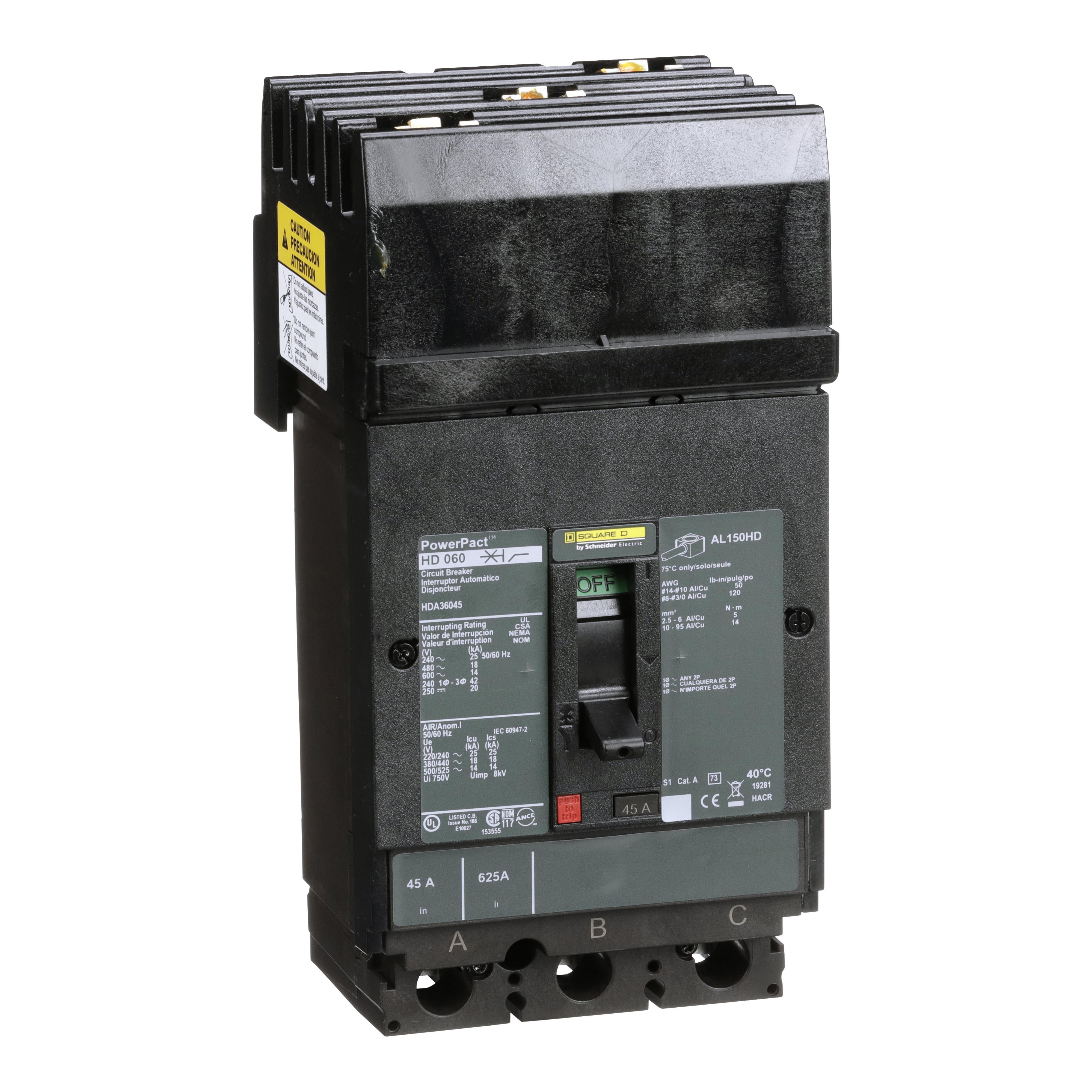 Square D™ I-Line™ PowerPact™ HDA36045 80% Rated Type HDA Molded Case Circuit Breaker, 600 V AC/250 V DC, 45 A, 18 kA at 480 VAC/25 kA at 240 VAC/14 kA at 600 VAC/20 kA at 250 VDC/250 VDC/600 VAC Interrupt, 3 Poles, Thermal Magnetic Trip