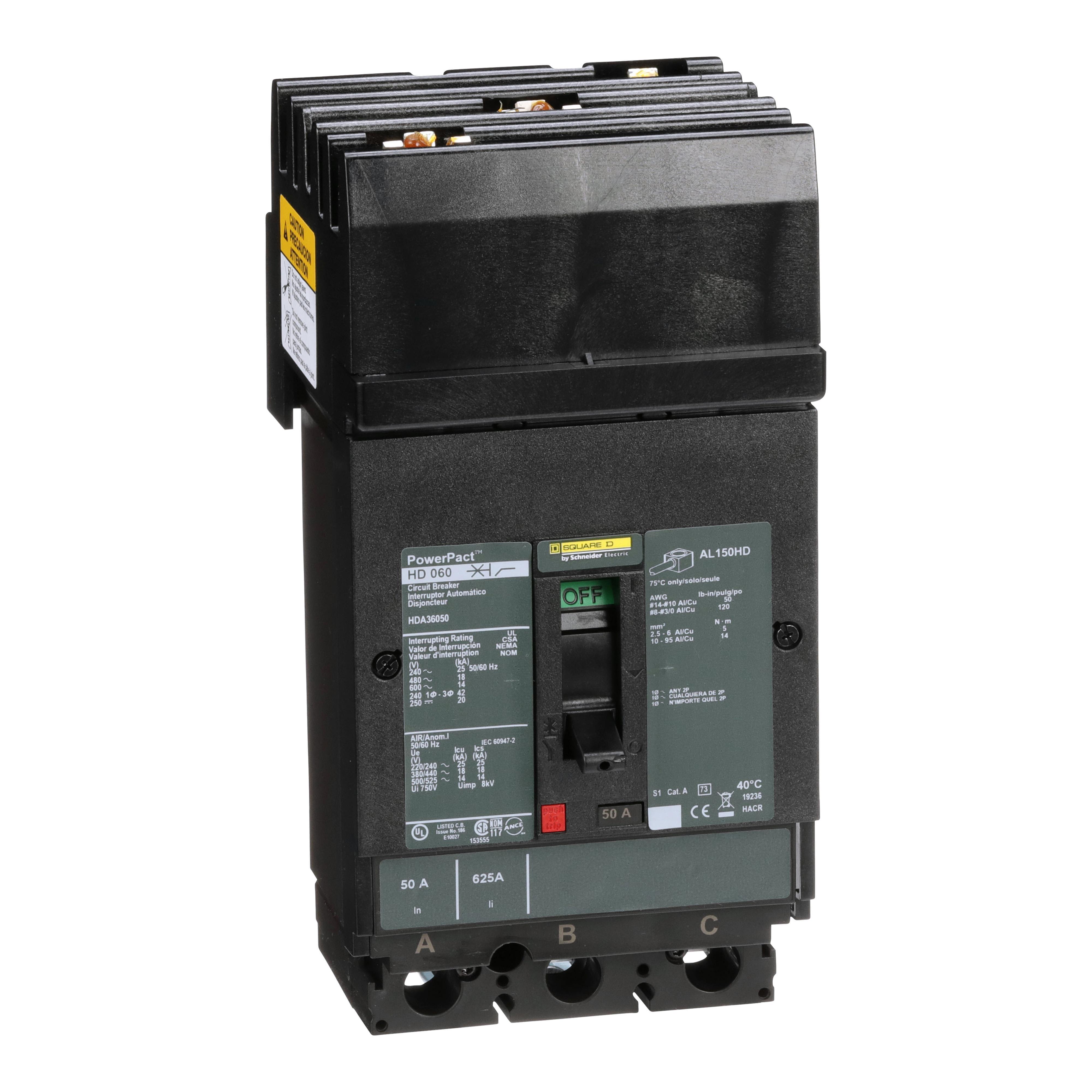 Square D™ PowerPact™ HDA36050 80% Rated Type HDA Molded Case Circuit Breaker, 600 V AC/250 V DC, 50 A, 25 kA at 240 VAC/18 kA at 480 VAC/14 kA at 600 VAC/20 kA at 250VDC Interrupt, 3 Poles, Thermal Magnetic Trip
