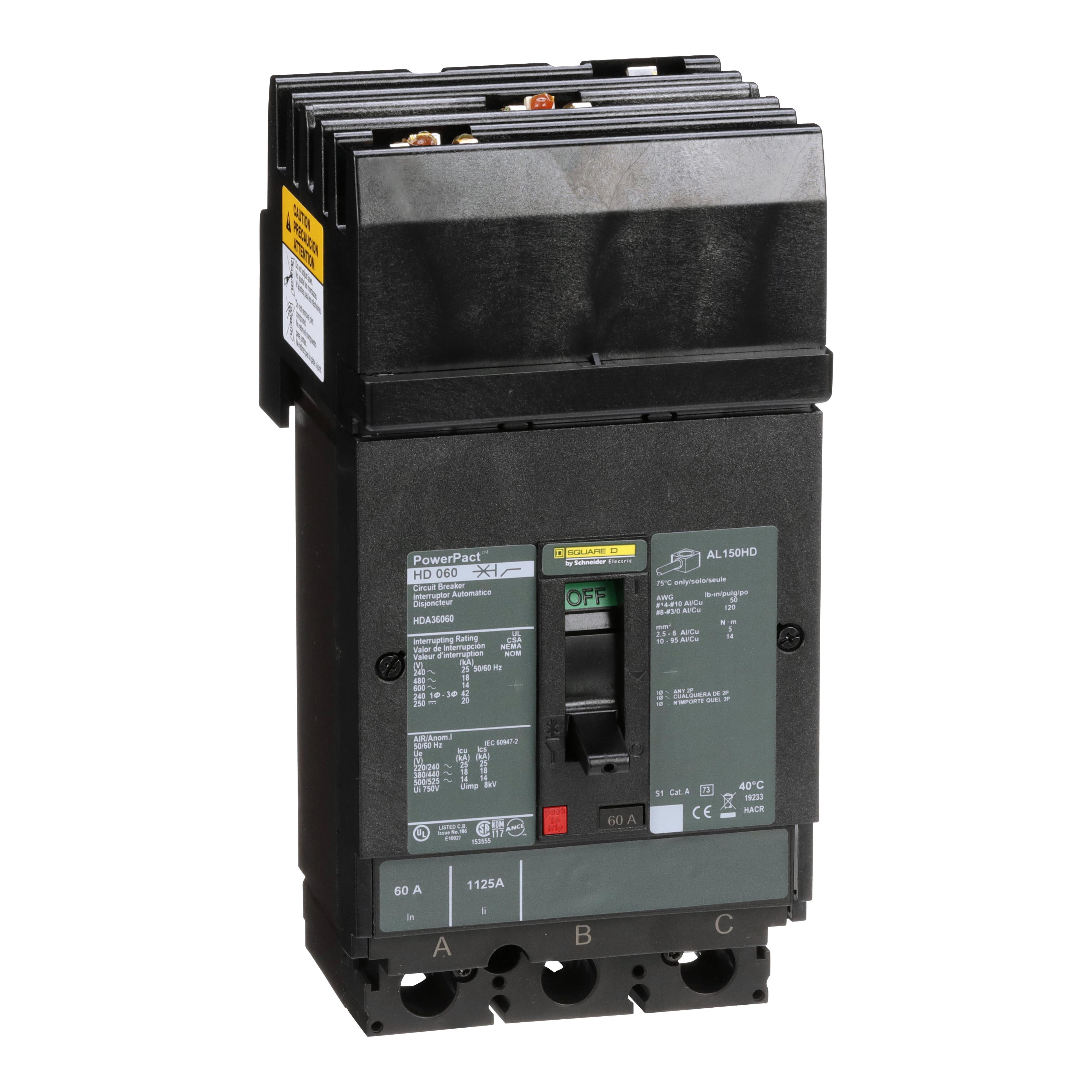 Square D™ PowerPact™ HDA36060 80% Rated Type HDA Molded Case Circuit Breaker, 600 V AC/250 V DC, 60 A, 25 kA at 240 VAC/18 kA at 480 VAC/14 kA at 600 VAC/20 kA at 250VDC Interrupt, 3 Poles, Thermal Magnetic Trip