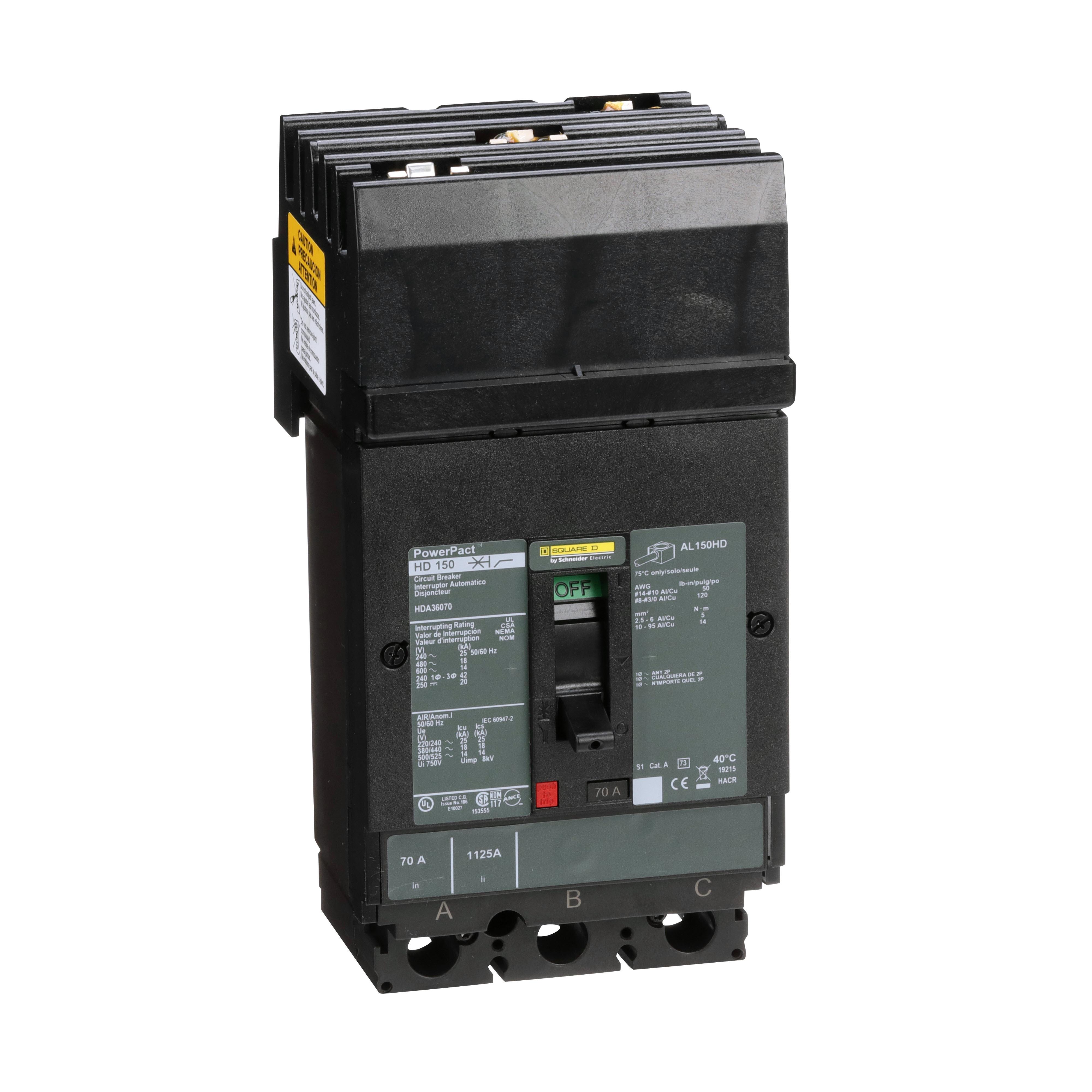 Square D™ PowerPact™ HDA36070 80% Rated Type HDA Molded Case Circuit Breaker, 600 V AC/250 V DC, 70 A, 25 kA at 240 VAC/18 kA at 480 VAC/14 kA at 600 VAC/20 kA at 250VDC Interrupt, 3 Poles, Thermal Magnetic Trip