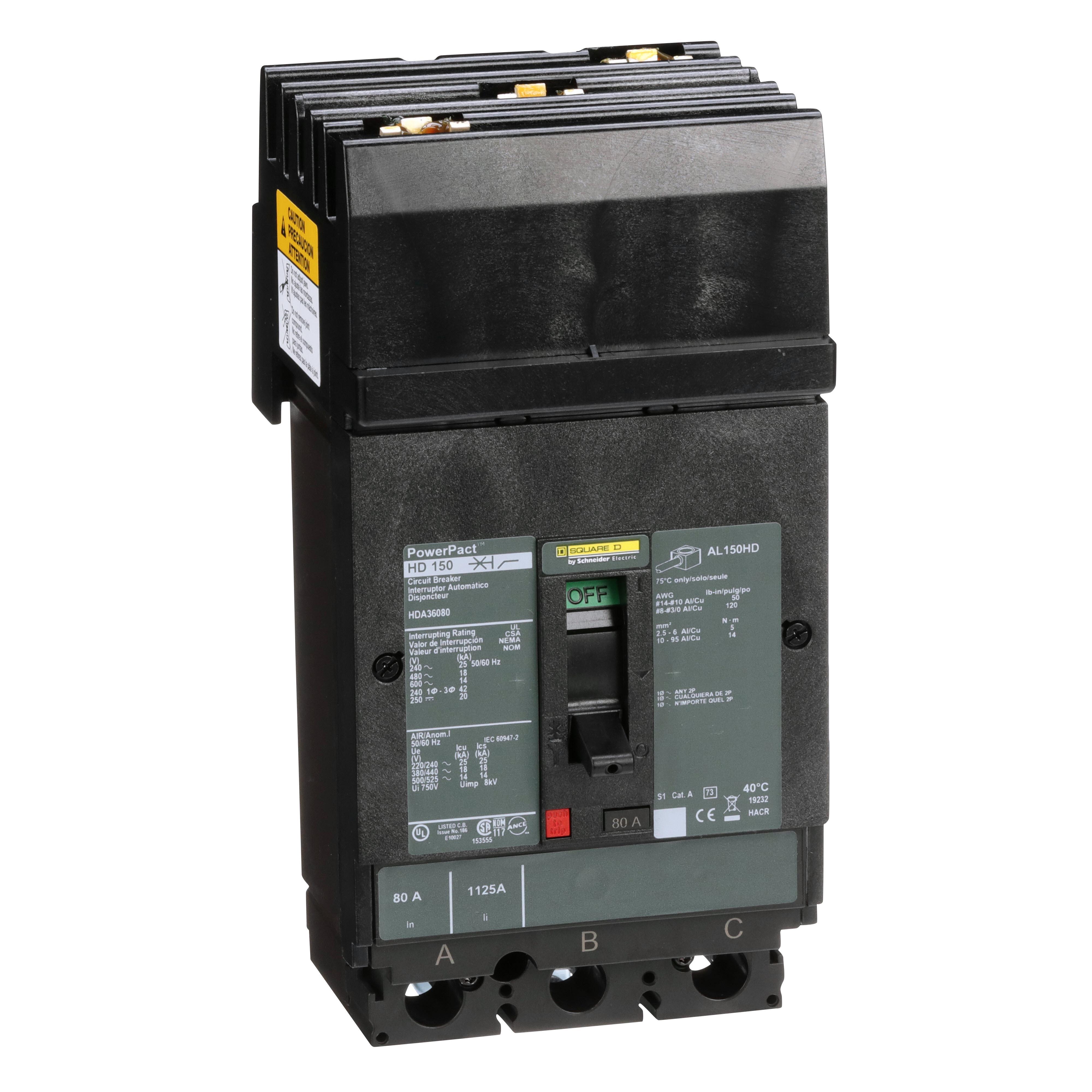 Square D™ HDA36080 HAD Hda Molded Case Circuit Breaker, 600 V AC/250 V DC, 80 A, 25 kA at 240 VAC/18 kA at 480 VAC/14 kA at 600 VAC/20 kA at 250VDC Interrupt, 3 Poles, Thermal Magnetic Trip