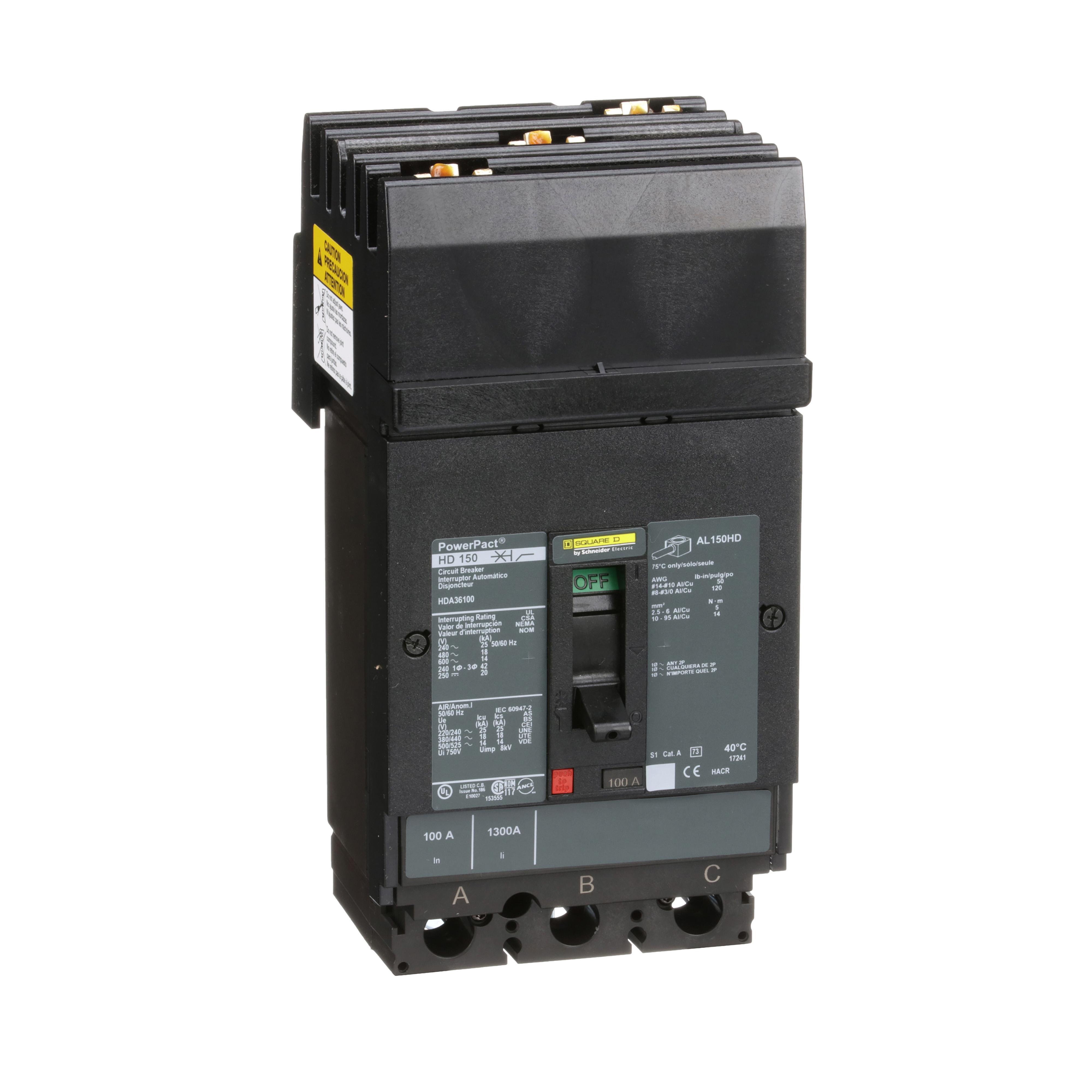 Square D™ PowerPact™ HDA36100 80% Rated Type HDA Molded Case Circuit Breaker, 600 V AC/250 V DC, 100 A, 25 kA at 240 VAC/18 kA at 480 VAC/14 kA at 600 VAC/20 kA at 250VDC Interrupt, 3 Poles, Thermal Magnetic Trip