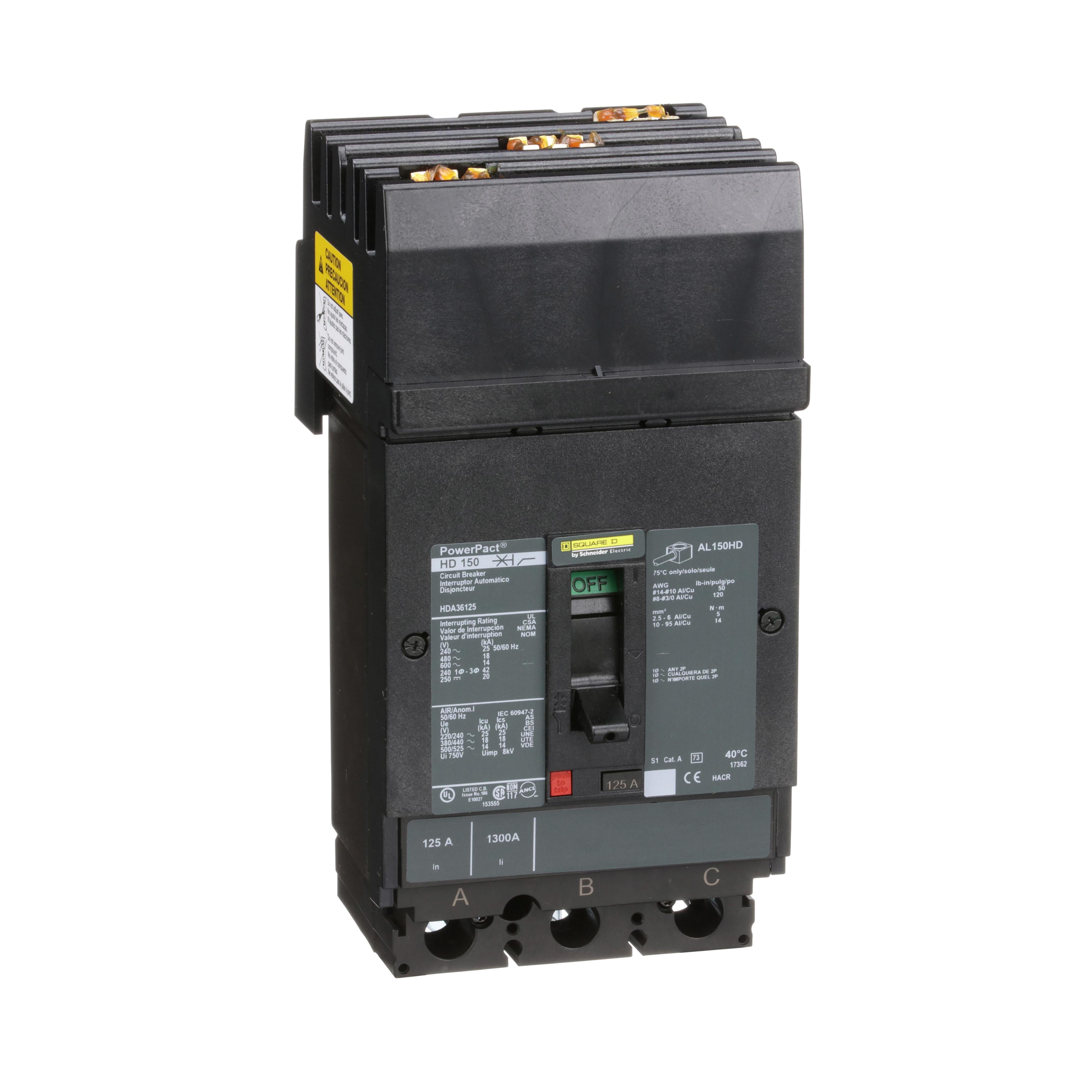 Square D™ PowerPact™ HDA36125 80% Rated Type HDA Molded Case Circuit Breaker, 600 V AC/250 V DC, 125 A, 25 kA at 240 VAC/18 kA at 480 VAC/14 kA at 600 VAC/20 kA at 250VDC Interrupt, 3 Poles, Thermal Magnetic Trip