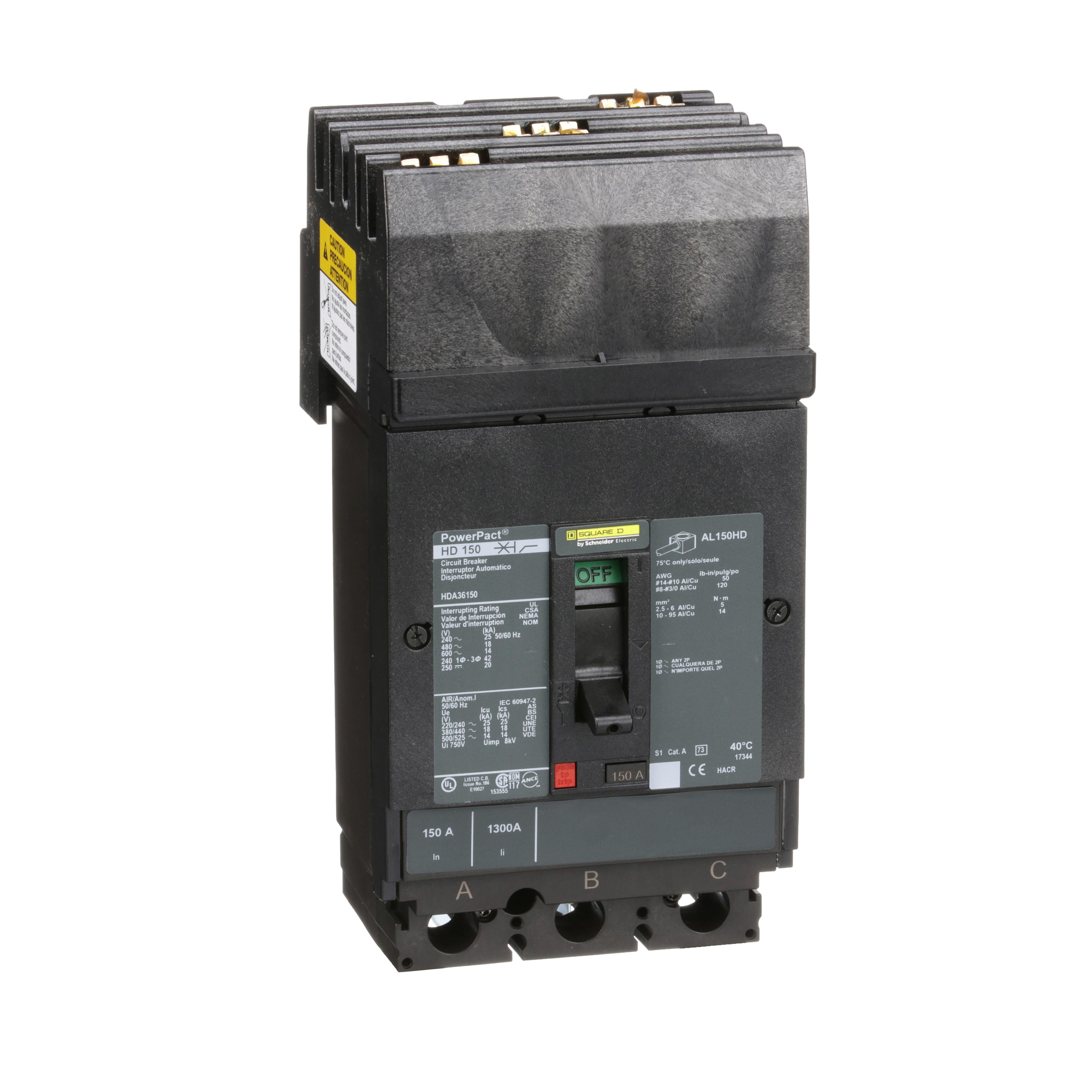 Square D™ PowerPact™ HDA36150 80% Rated Type HDA Molded Case Circuit Breaker, 600 V AC/250 V DC, 150 A, 25 kA at 240 VAC/18 kA at 480 VAC/14 kA at 600 VAC/20 kA at 250VDC Interrupt, 3 Poles, Thermal Magnetic Trip