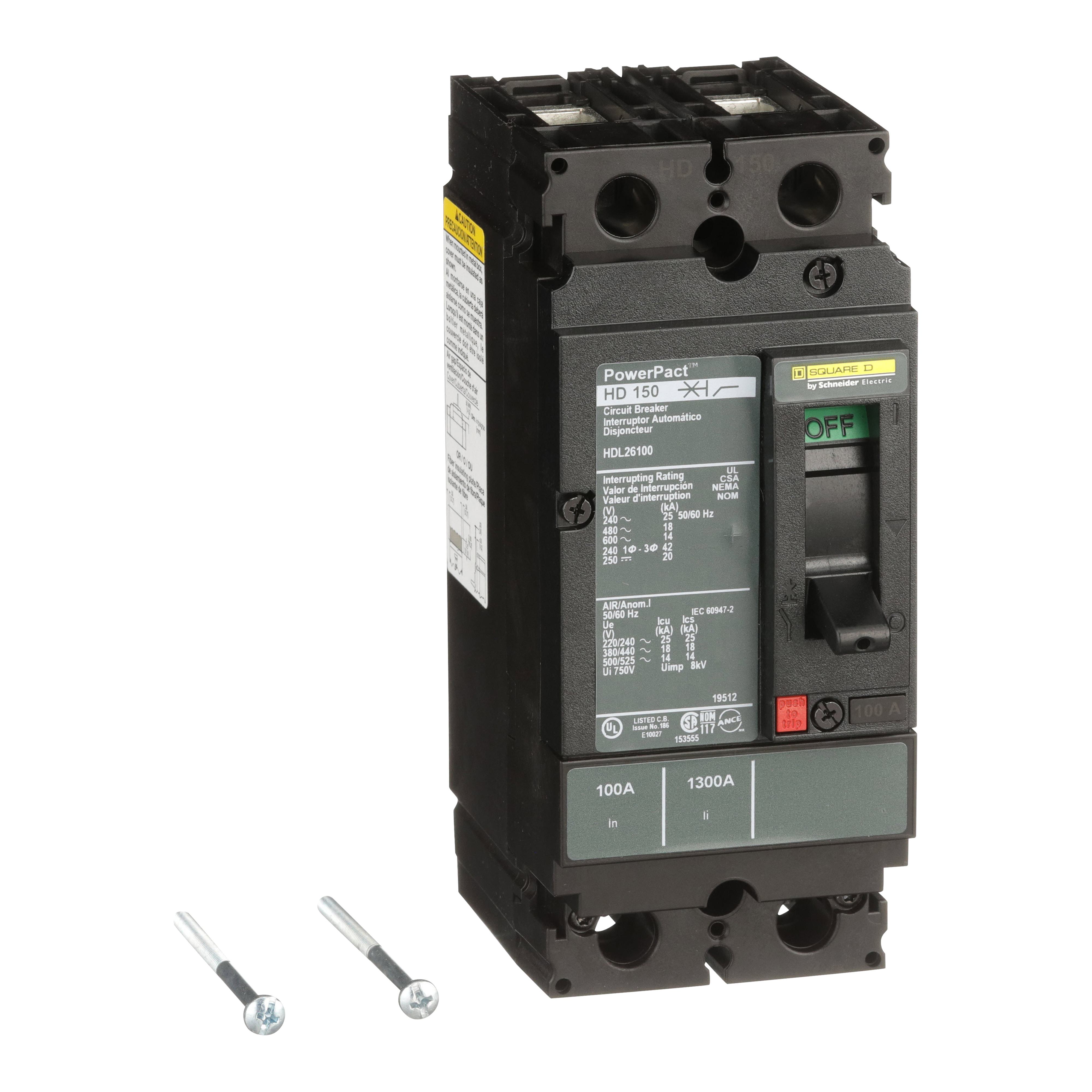Square D™ PowerPact™ HDL26100 80% Rated Type HDA Molded Case Circuit Breaker, 600 V AC/250 V DC, 100 A, 25 kA at 240 VAC/18 kA at 480 VAC/14 kA at 600 VAC/20 kA at 250VDC Interrupt, 2 Poles, Thermal Magnetic Trip