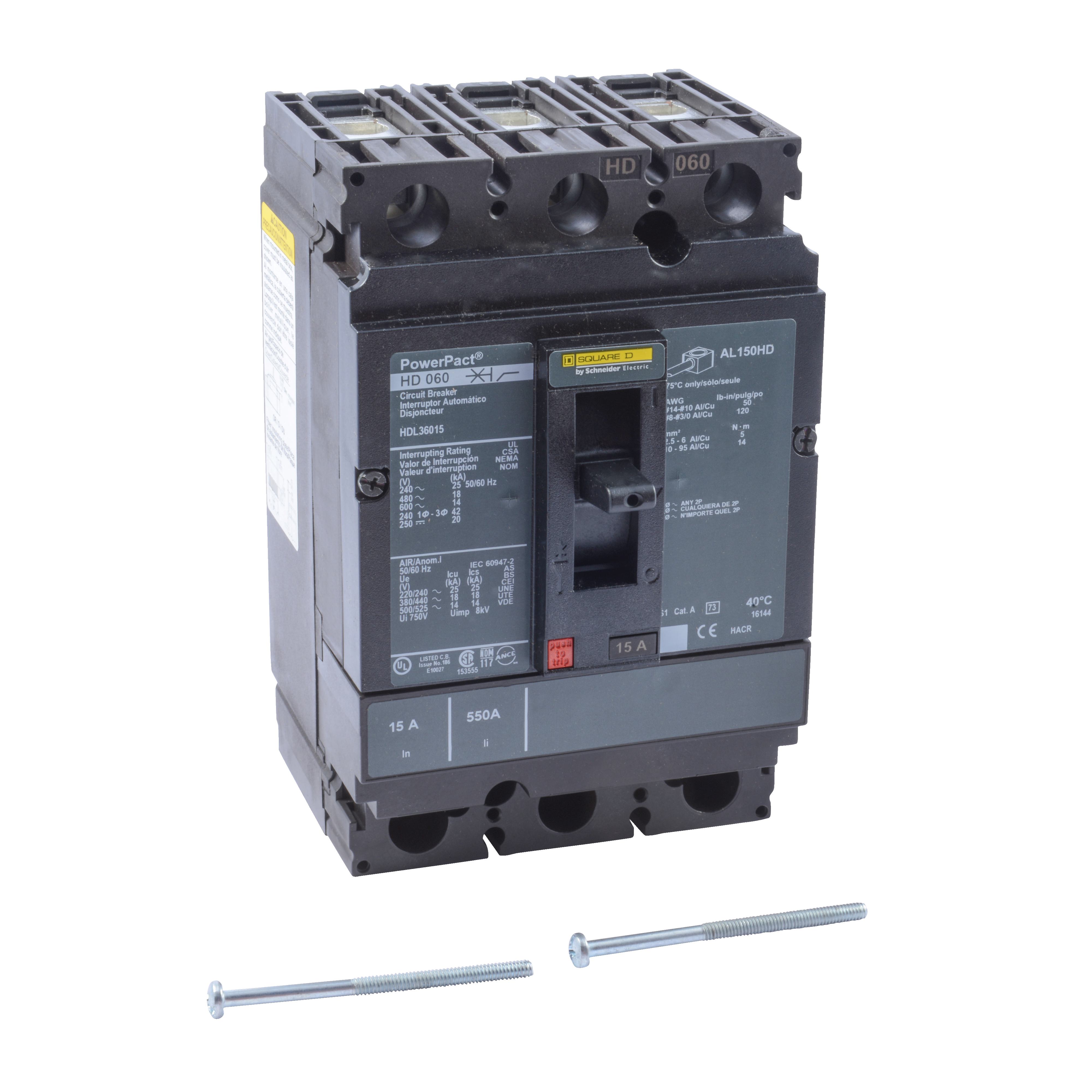 Square D™ PowerPact™ HDL36015 80% Rated Type HDA Molded Case Circuit Breaker, 600 V AC/250 V DC, 15 A, 25 kA at 240 VAC/18 kA at 480 VAC/14 kA at 600 VAC/20 kA at 250VDC Interrupt, 3 Poles, Thermal Magnetic Trip