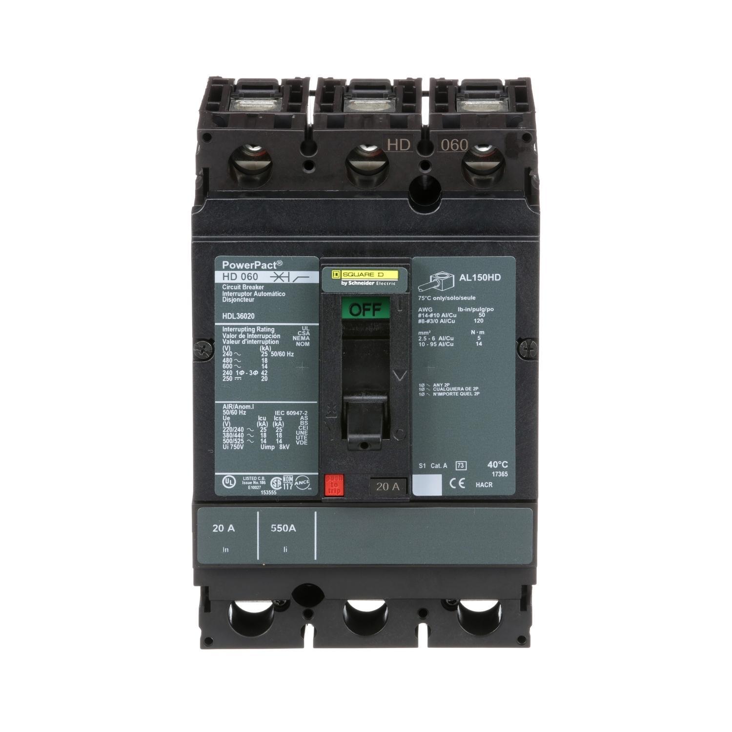 Square D™ PowerPact™ HDL36020 80% Rated Type HDA Molded Case Circuit Breaker, 600 V AC/250 V DC, 20 A, 25 kA at 240 VAC/18 kA at 480 VAC/14 kA at 600 VAC/20 kA at 250VDC Interrupt, 3 Poles, Thermal Magnetic Trip