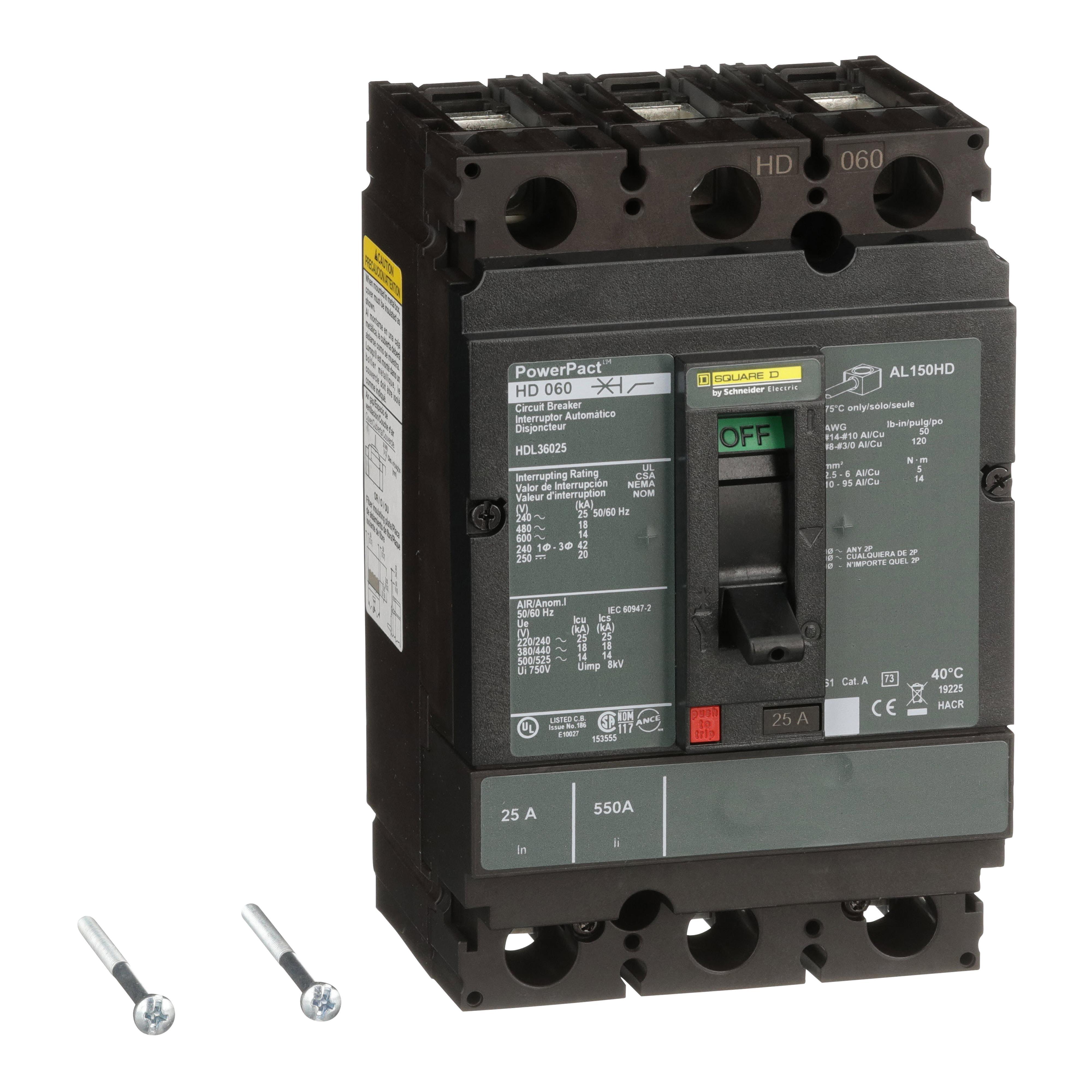 Square D™ HDL36025 HDL Hda Molded Case Circuit Breaker, 600 V AC/250 V DC, 25 A, 14 to 20 kA Interrupt, 3 Poles, Thermal Magnetic Trip