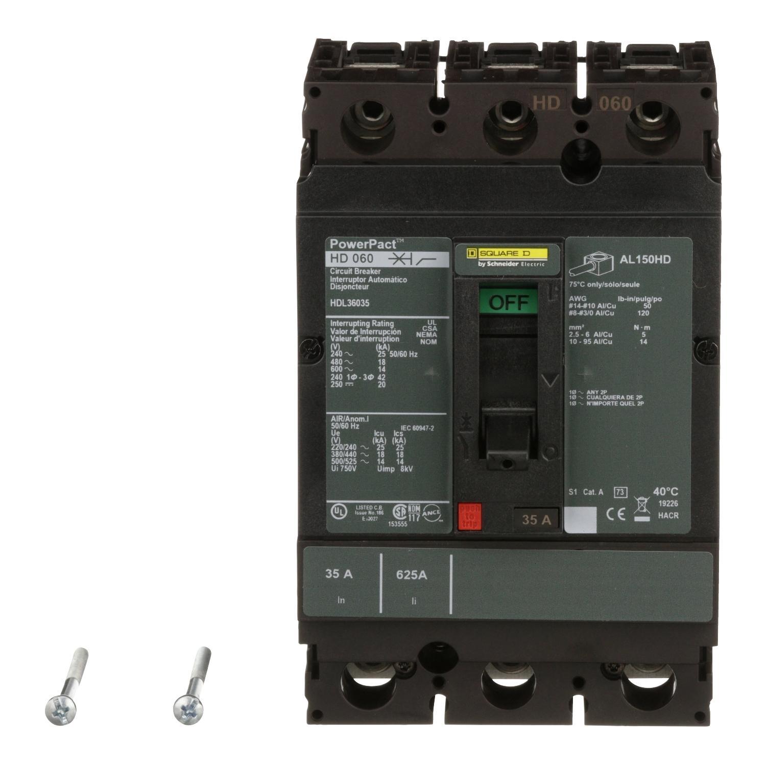Square D™ HDL36035 HDL 80% Rated Type HDA 3-Pole Molded Case Circuit Breaker, 600 V AC/250 V DC, 35 A, 14 to 20 kA Interrupt, 3 Poles, Thermal Magnetic Trip
