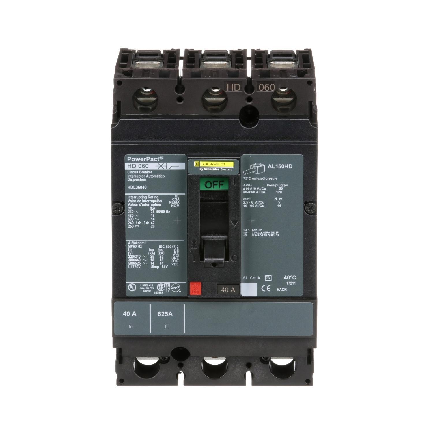 Square D™ HDL36040 HDL 80% Rated Type HDA 3-Pole Molded Case Circuit Breaker, 600 V AC/250 V DC, 40 A, 14 to 20 kA Interrupt, 3 Poles, Thermal Magnetic Trip
