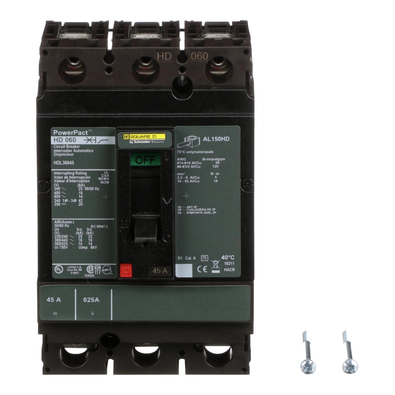 Square D™ I-Line™ PowerPact™ HDL36045 80% Rated Type HDA Molded Case Circuit Breaker, 600 V AC/250 V DC, 45 A, 25 kA at 240 VAC/18 kA at 480 VAC/14 kA at 600 VAC/20 kA at 250VDC Interrupt, 3 Poles, Thermal Magnetic Trip