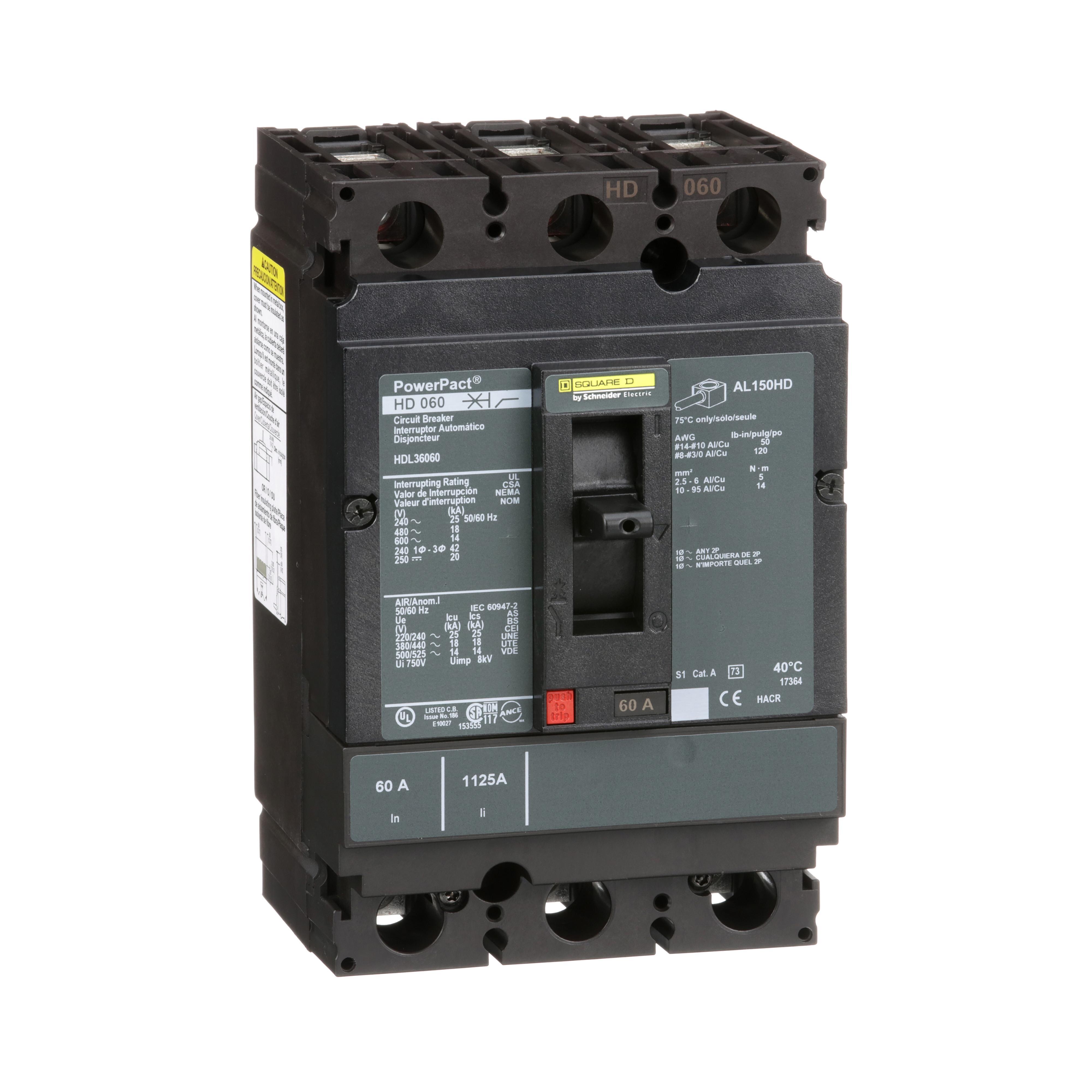 Square D™ PowerPact™ HDL36060 80% Rated Type HDA Molded Case Circuit Breaker, 600 V AC/250 V DC, 60 A, 25 kA at 240 VAC/18 kA at 480 VAC/14 kA at 600 VAC/20 kA at 250VDC Interrupt, 3 Poles, Thermal Magnetic Trip