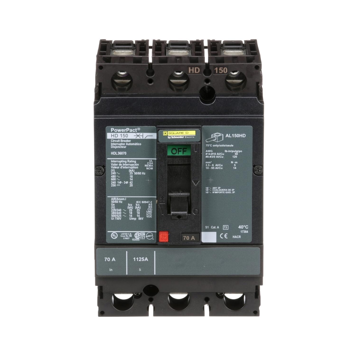 Square D™ HDL36070 HDL Hda Molded Case Circuit Breaker, 600 V AC/250 V DC, 70 A, 25 kA at 240 VAC/18 kA at 480 VAC/14 kA at 600 VAC/20 kA at 250VDC Interrupt, 3 Poles, Thermal Magnetic Trip