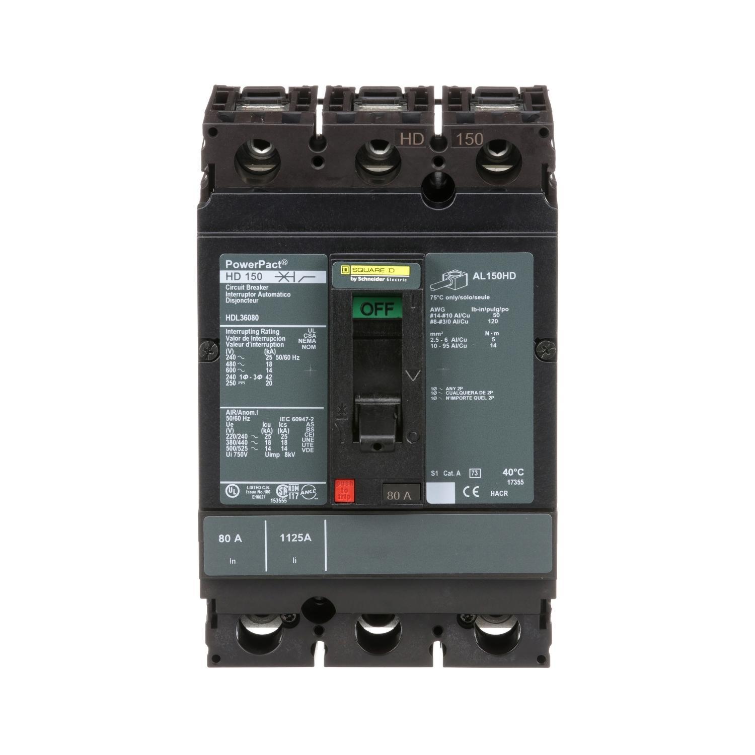 Square D™ PowerPact™ HDL36080 80% Rated Type HDA Molded Case Circuit Breaker, 600 V AC/250 V DC, 80 A, 25 kA at 240 VAC/18 kA at 480 VAC/14 kA at 600 VAC/20 kA at 250VDC Interrupt, 3 Poles, Thermal Magnetic Trip