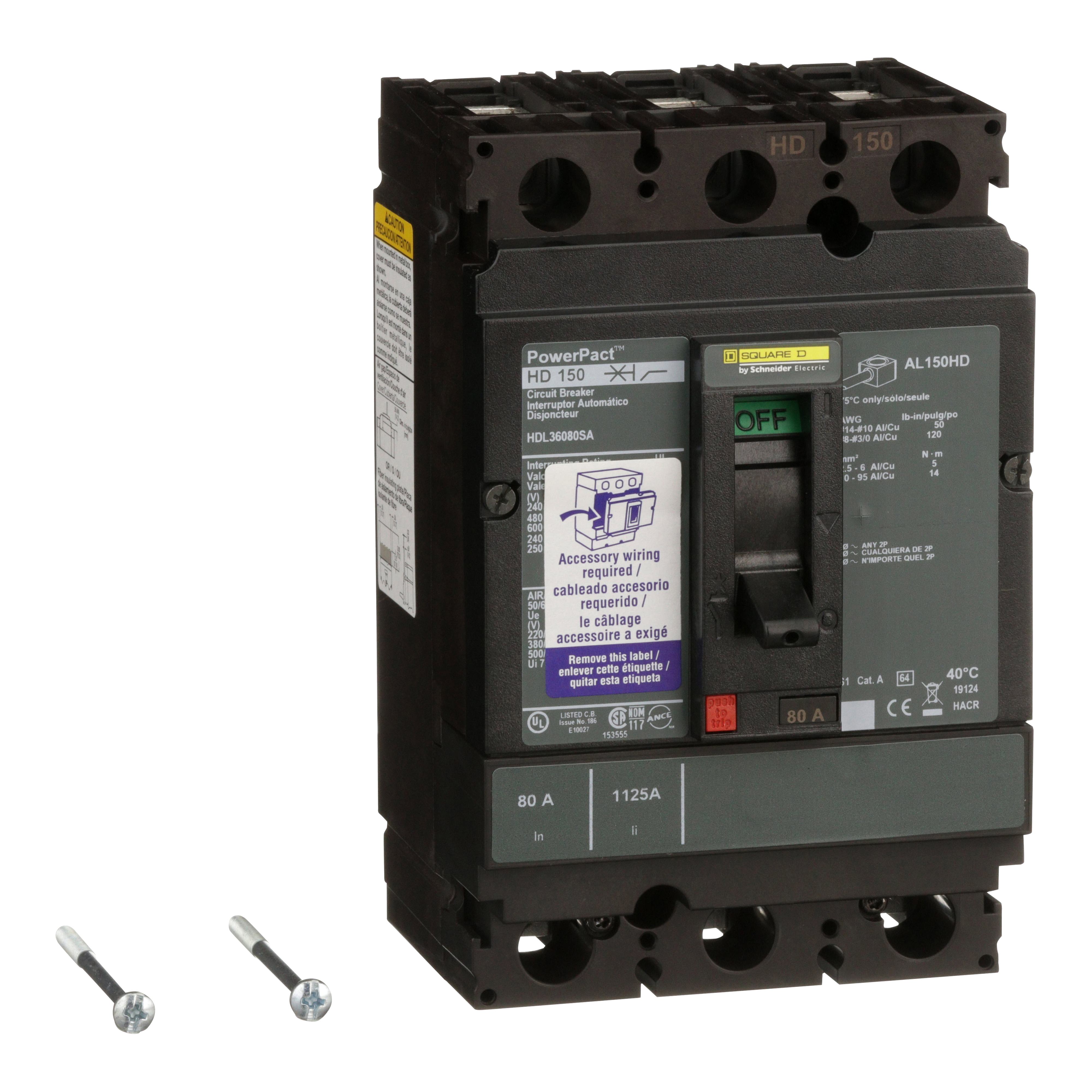 Square D™ PowerPact™ HDL36080SA 80% Rated Type HDA Molded Case Circuit Breaker, 600 V AC/250 V DC, 80 A, 50 kA at 600 VAC Interrupt, 3 Poles, Thermal Magnetic Trip