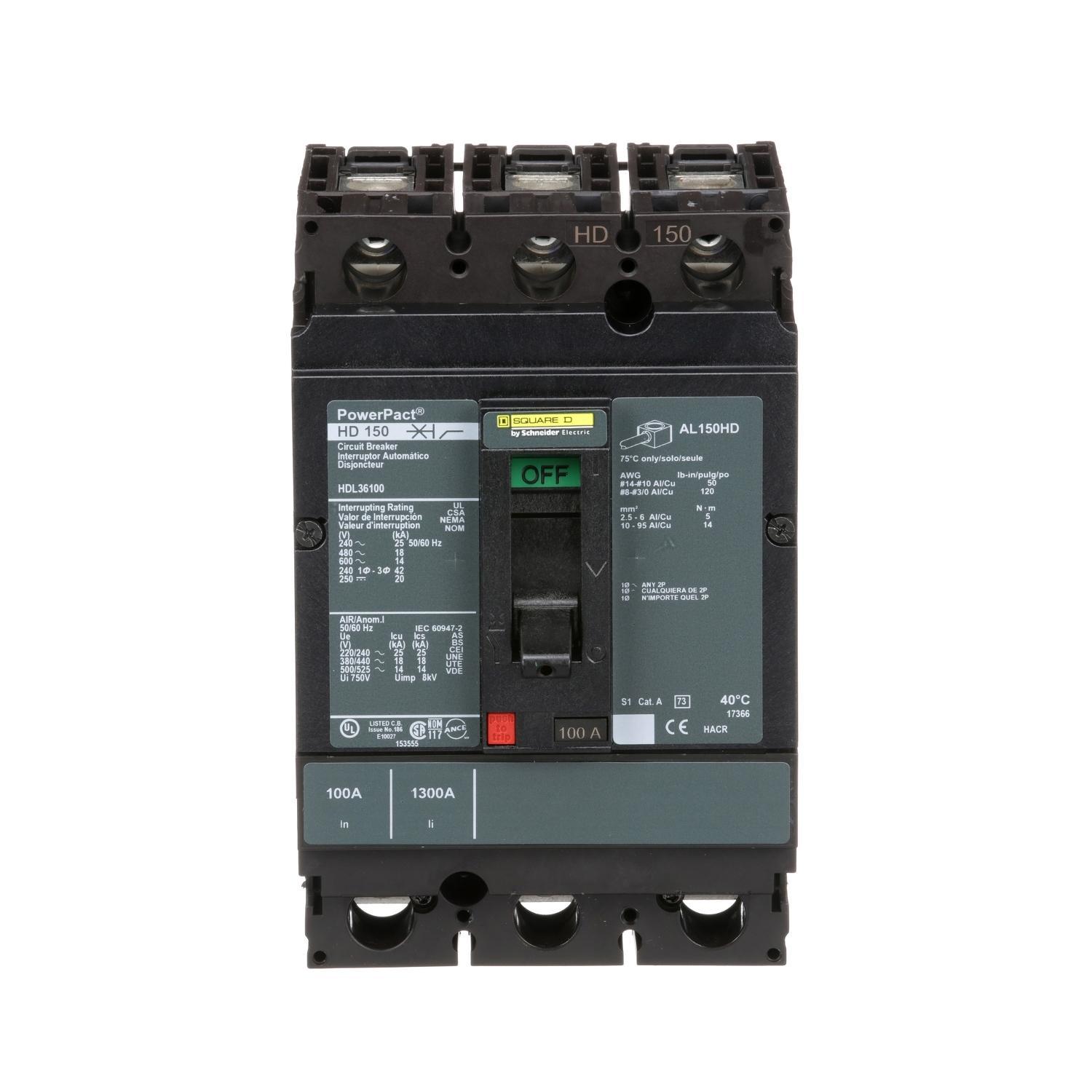 Square D™ PowerPact™ HDL36100 80% Rated Type HDA Molded Case Circuit Breaker, 600 V AC/250 V DC, 100 A, 25 kA at 240 VAC/18 kA at 480 VAC/14 kA at 600 VAC/20 kA at 250VDC Interrupt, 3 Poles, Thermal Magnetic Trip