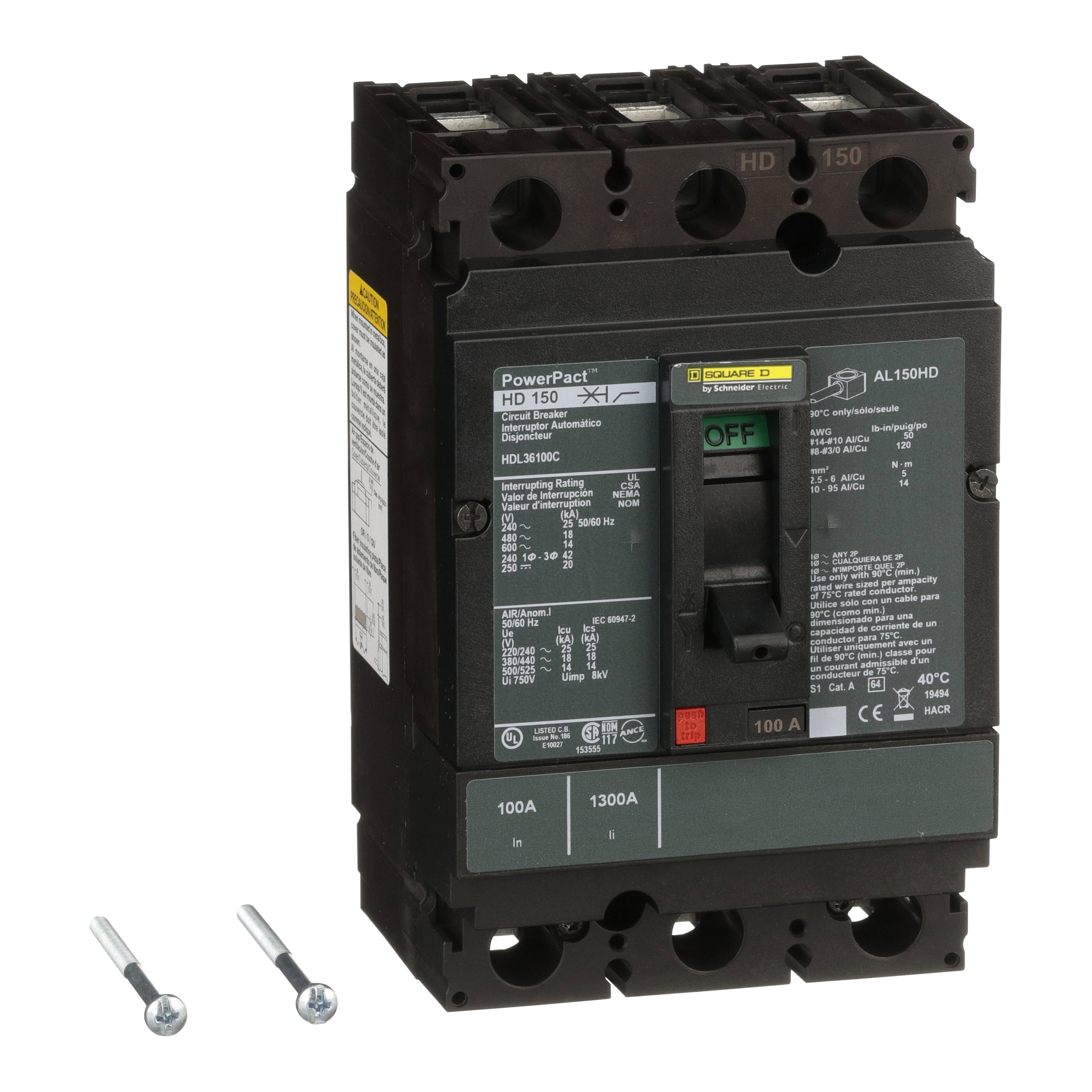 Square D™ I-Line™ PowerPact™ HDL36100C 100% Rated Type HDL Molded Case Circuit Breaker, 600 V AC/250 V DC, 100 A, 25 kA at 240 VAC/18 kA at 480 VAC/14 kA at 600 VAC/20 kA at 250VDC Interrupt, 3 Poles, Thermal Magnetic Trip