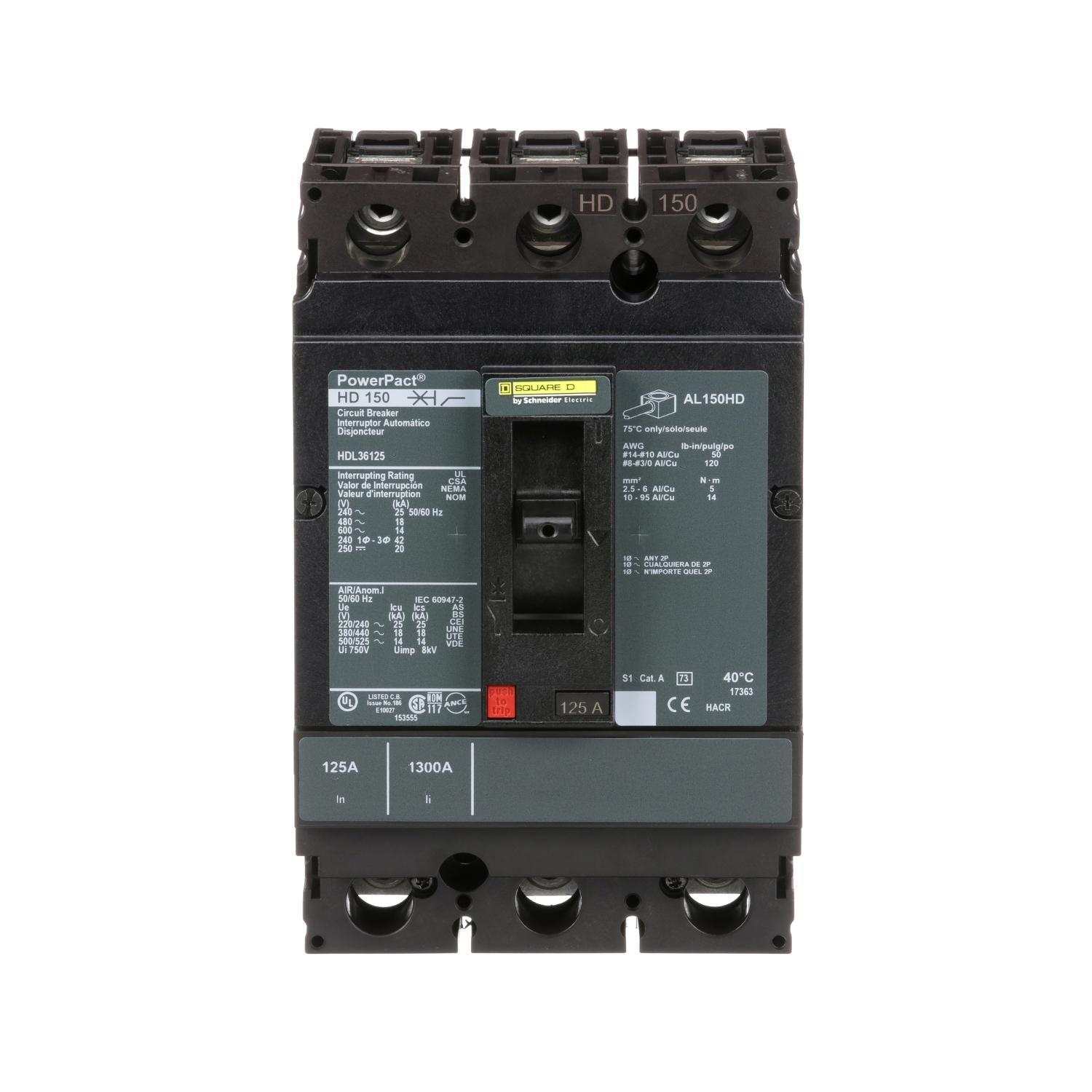 Square D™ PowerPact™ HDL36125 80% Rated Type HDA Molded Case Circuit Breaker, 600 V AC/250 V DC, 125 A, 25 kA at 240 VAC/18 kA at 480 VAC/14 kA at 600 VAC/20 kA at 250VDC Interrupt, 3 Poles, Thermal Magnetic Trip