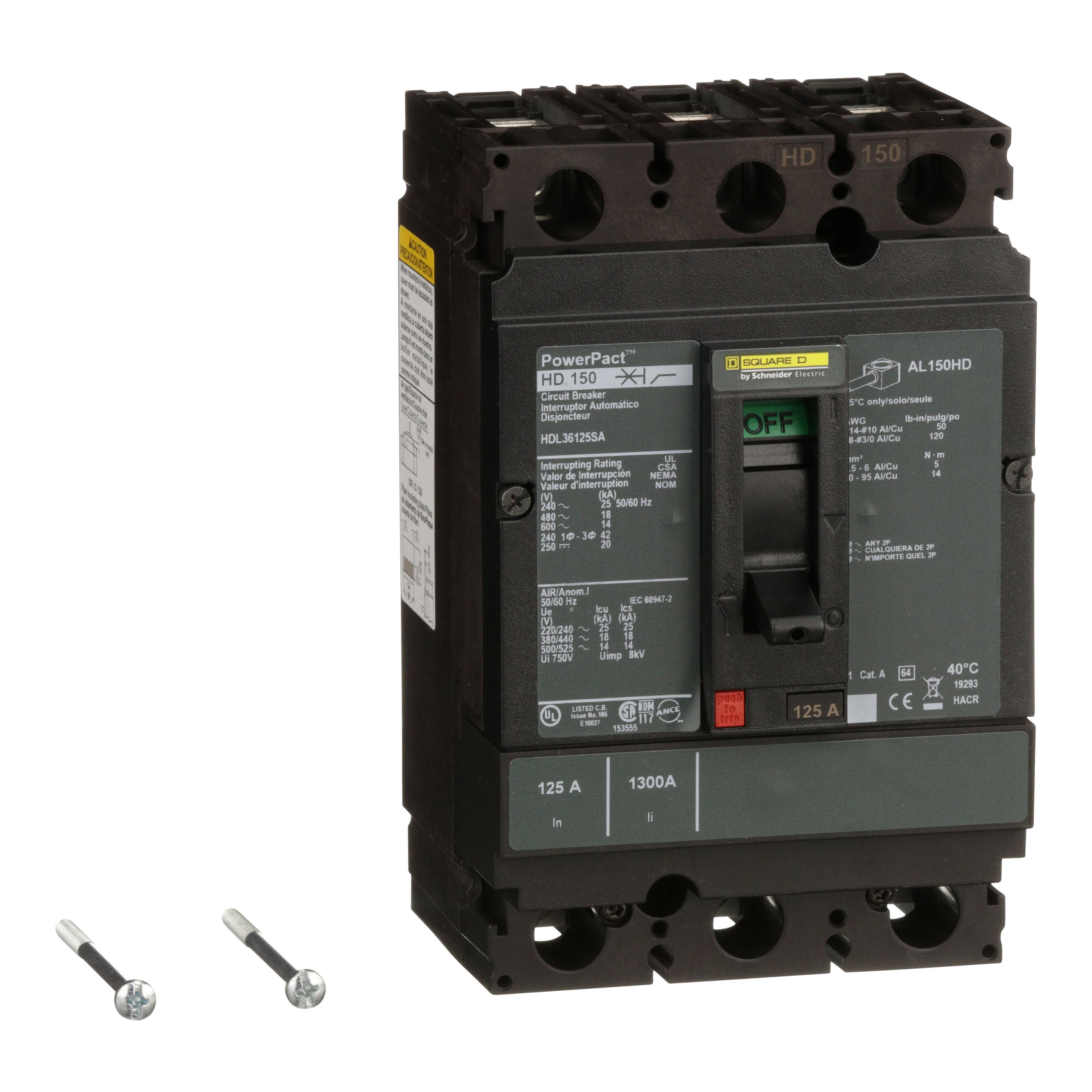 Square D™ I-Line™ PowerPact™ HDL36125SA 80% Rated Type HDA Molded Case Circuit Breaker, 600 V AC/250 V DC, 125 A, 18 kA at 480 VAC/25 kA at 240 VAC/14 kA at 600 VAC/20 kA at 250 VDC/250 VDC/600 VAC Interrupt, 3 Poles, Thermal Magnetic Trip