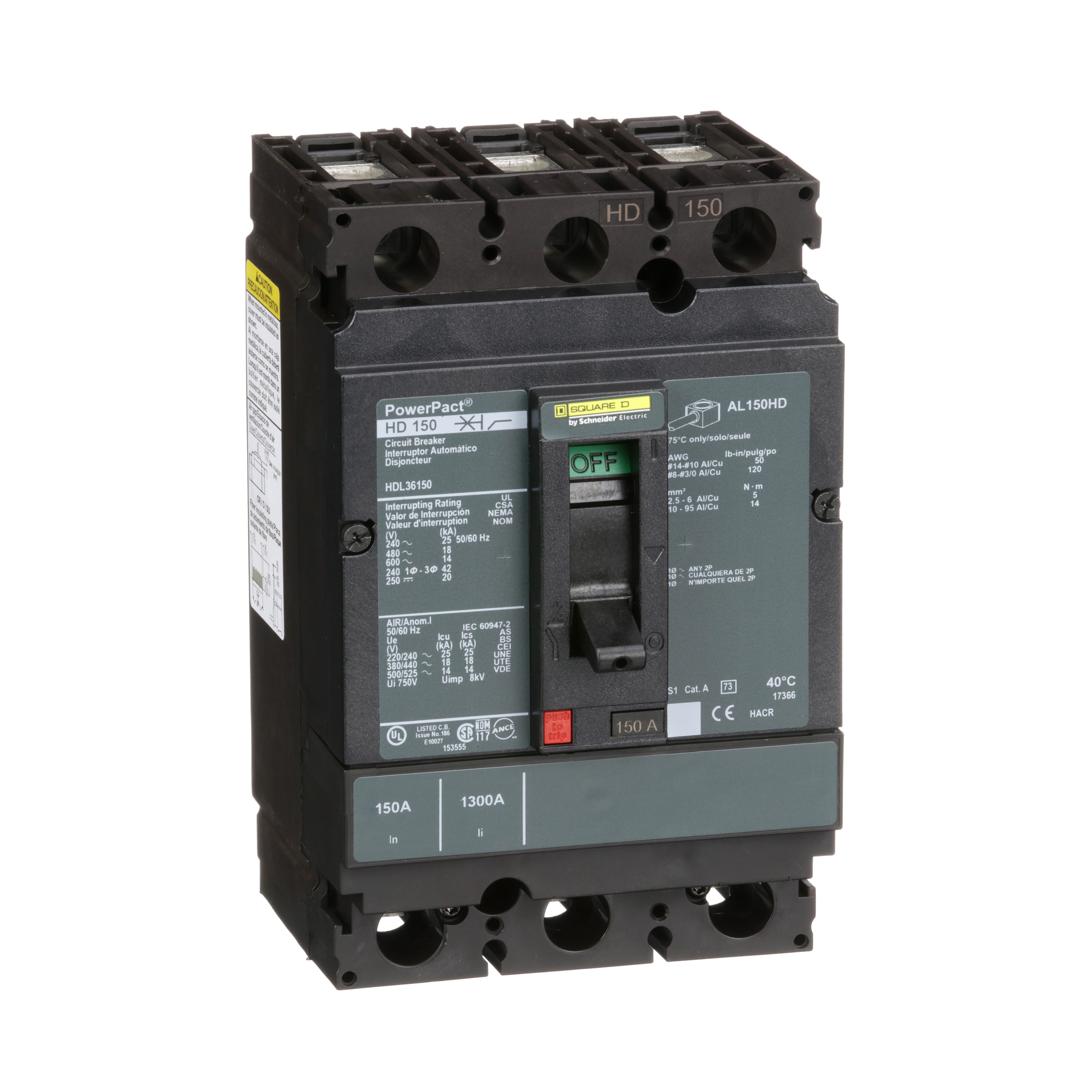 Square D™ PowerPact™ HDL36150 80% Rated Type HDA Molded Case Circuit Breaker, 600 V AC/250 V DC, 150 A, 25 kA at 240 VAC/18 kA at 480 VAC/14 kA at 600 VAC/20 kA at 250VDC Interrupt, 3 Poles, Thermal Magnetic Trip