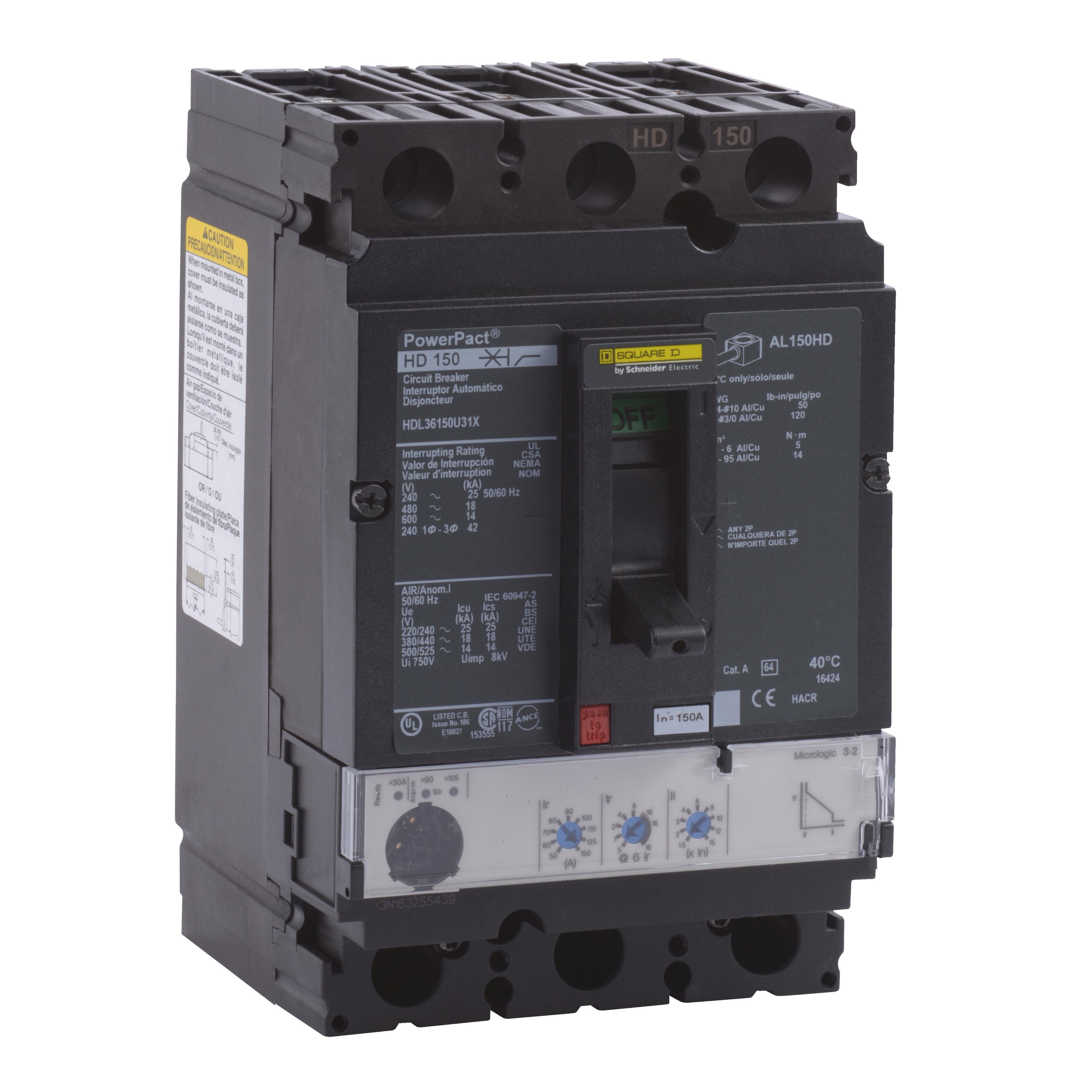 Square D™ I-Line™ PowerPact™ HDL36150U31X Type HDL Molded Case Circuit Breaker, 600 V AC, 150 A, 25 kA at 240 V AC/18 kA at 480 V AC/14 kA at 600 V AC/20 kA at 250 VDC Interrupt, 3 Poles, Electronic Trip