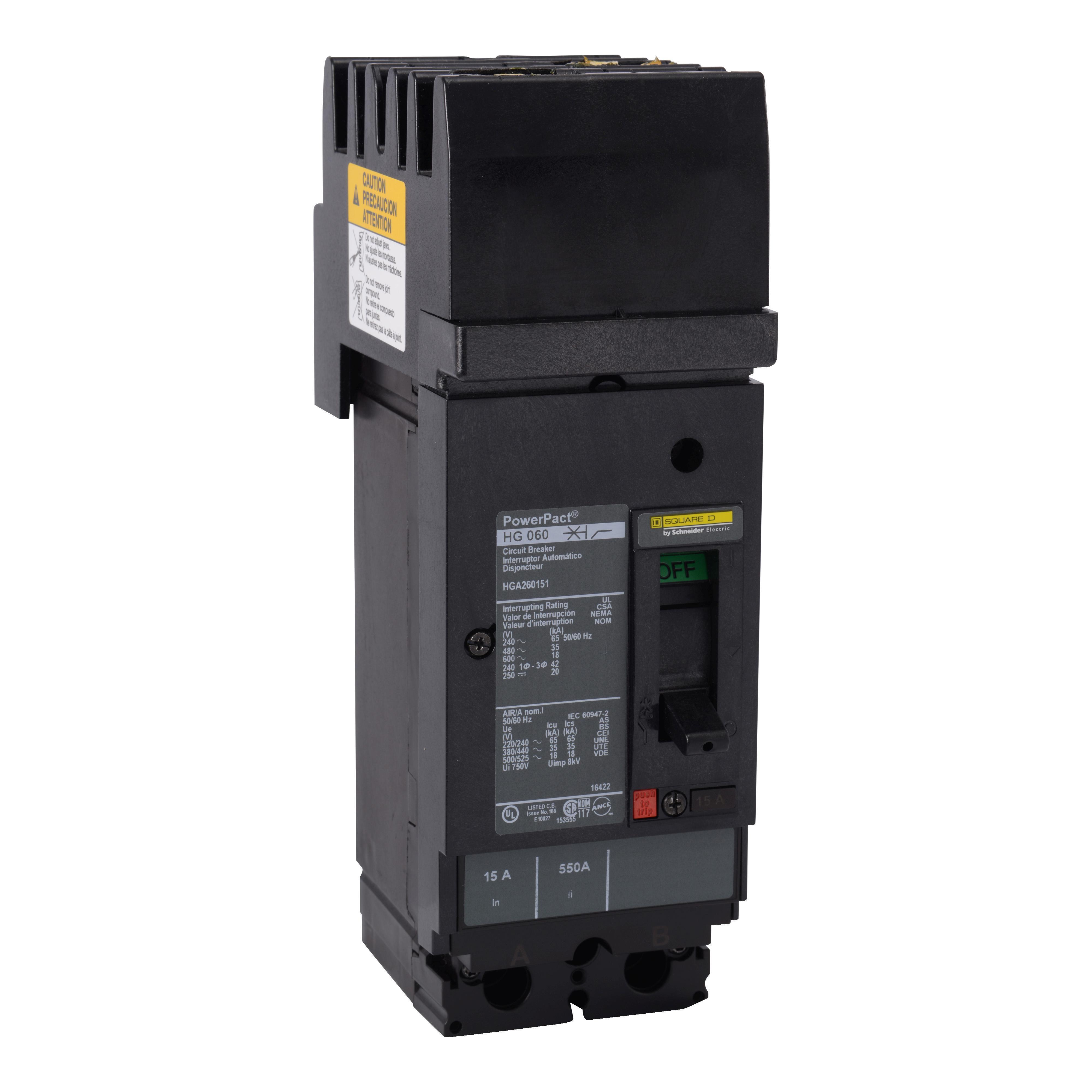 Square D™ I-Line™ PowerPact™ H HGA261251 Type HGA Molded Case Circuit Breaker, 600 V AC/250 to 500 V DC, 125 A, 18/20/35/65 kA Interrupt, 2 Poles, Thermal Magnetic Trip