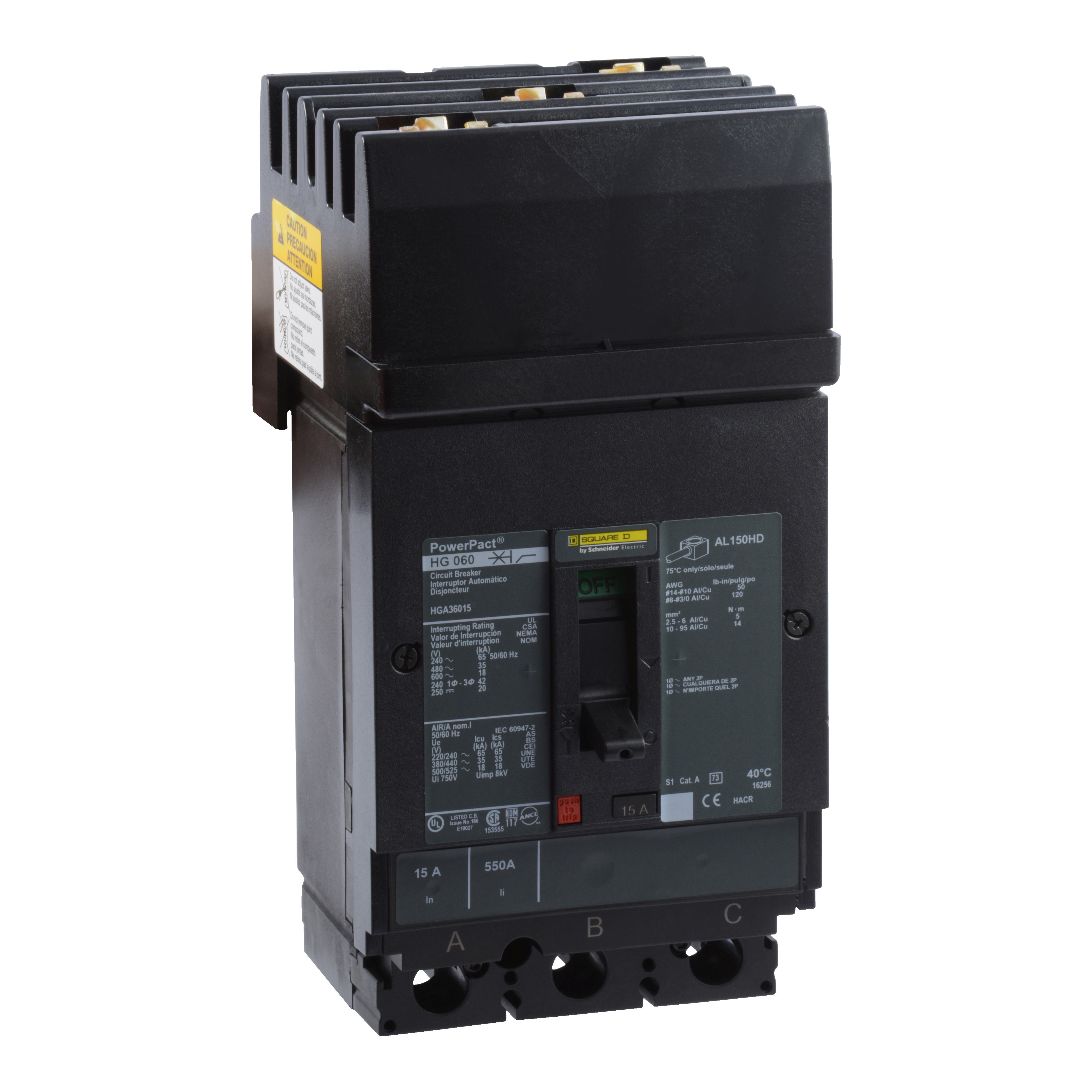 Square D™ PowerPact™ HGA36015 80% Rated Type HGA Molded Case Circuit Breaker, 600 V AC/250 V DC, 15 A, 65 kA at 240 VAC/35 kA at 480 VAC/18 kA at 600 VAC/20 kA at 250VDC Interrupt, 3 Poles, Thermal Magnetic Trip
