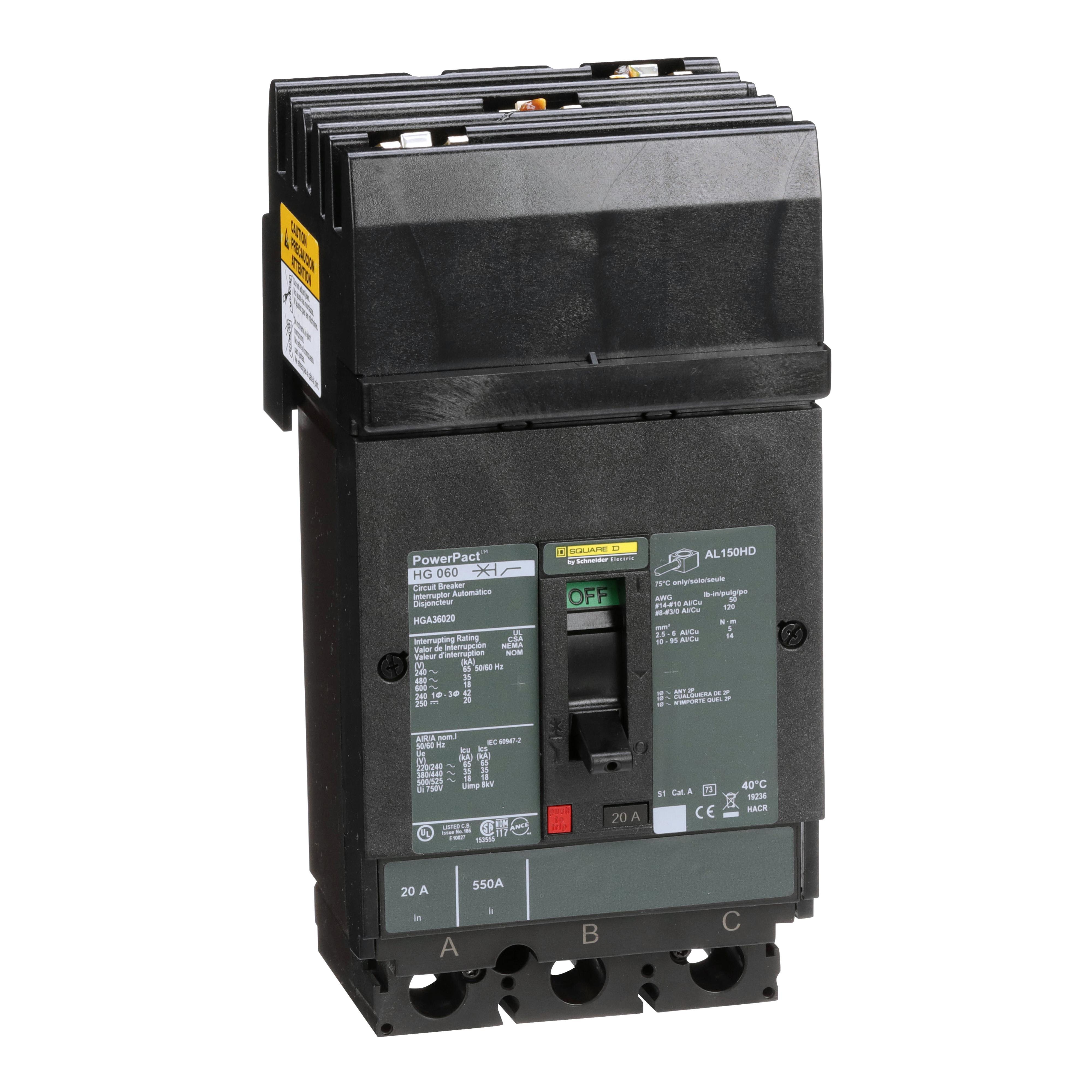 Square D™ PowerPact™ HGA36020 80% Rated Type HGA Molded Case Circuit Breaker, 600 V AC/250 V DC, 20 A, 65 kA at 240 VAC/35 kA at 480 VAC/18 kA at 600 VAC/20 kA at 250VDC Interrupt, 3 Poles, Thermal Magnetic Trip