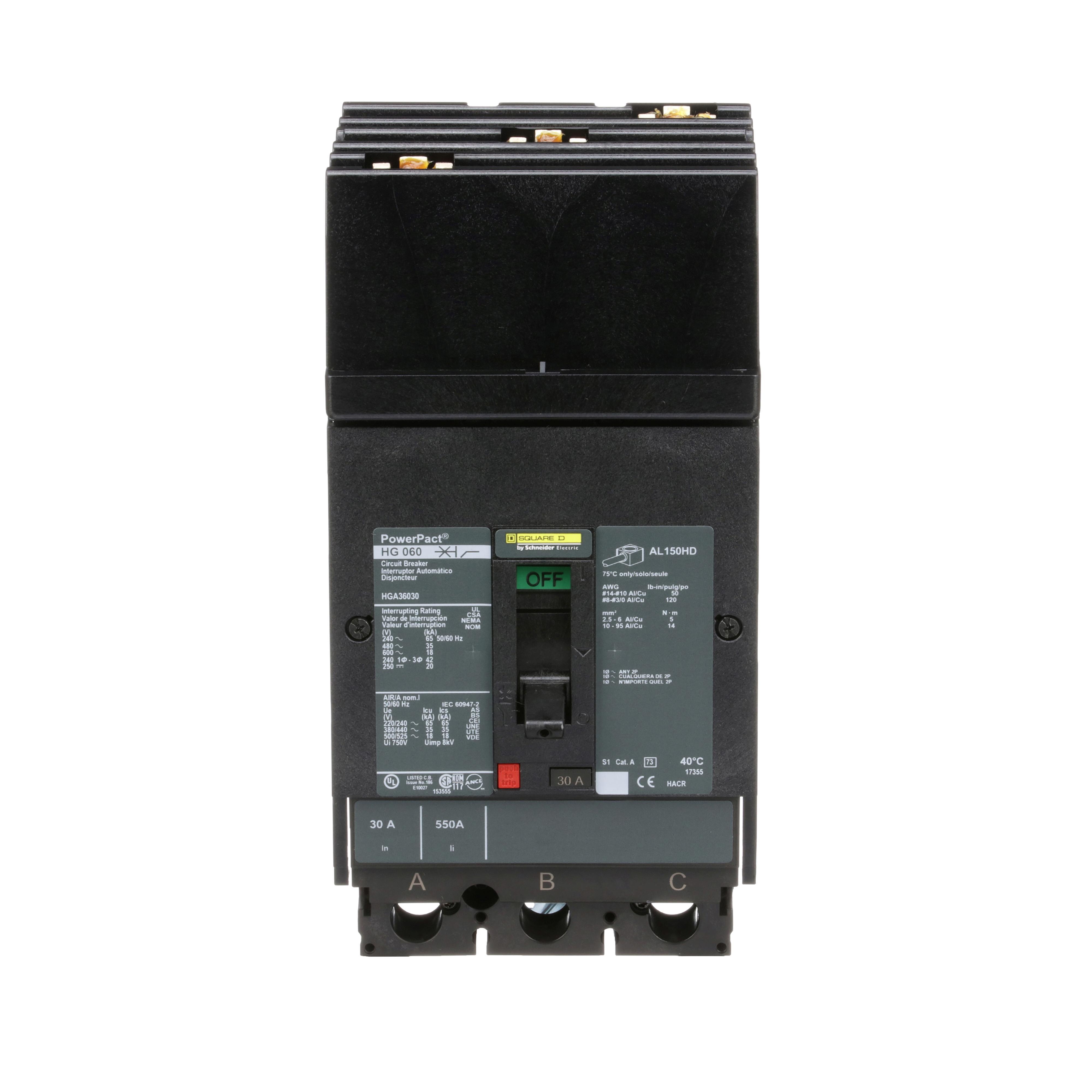 Square D™ PowerPact™ HGA36030 80% Rated Type HGA Molded Case Circuit Breaker, 600 V AC/250 V DC, 30 A, 65 kA at 240 VAC/35 kA at 480 VAC/18 kA at 600 VAC/20 kA at 250VDC Interrupt, 3 Poles, Thermal Magnetic Trip