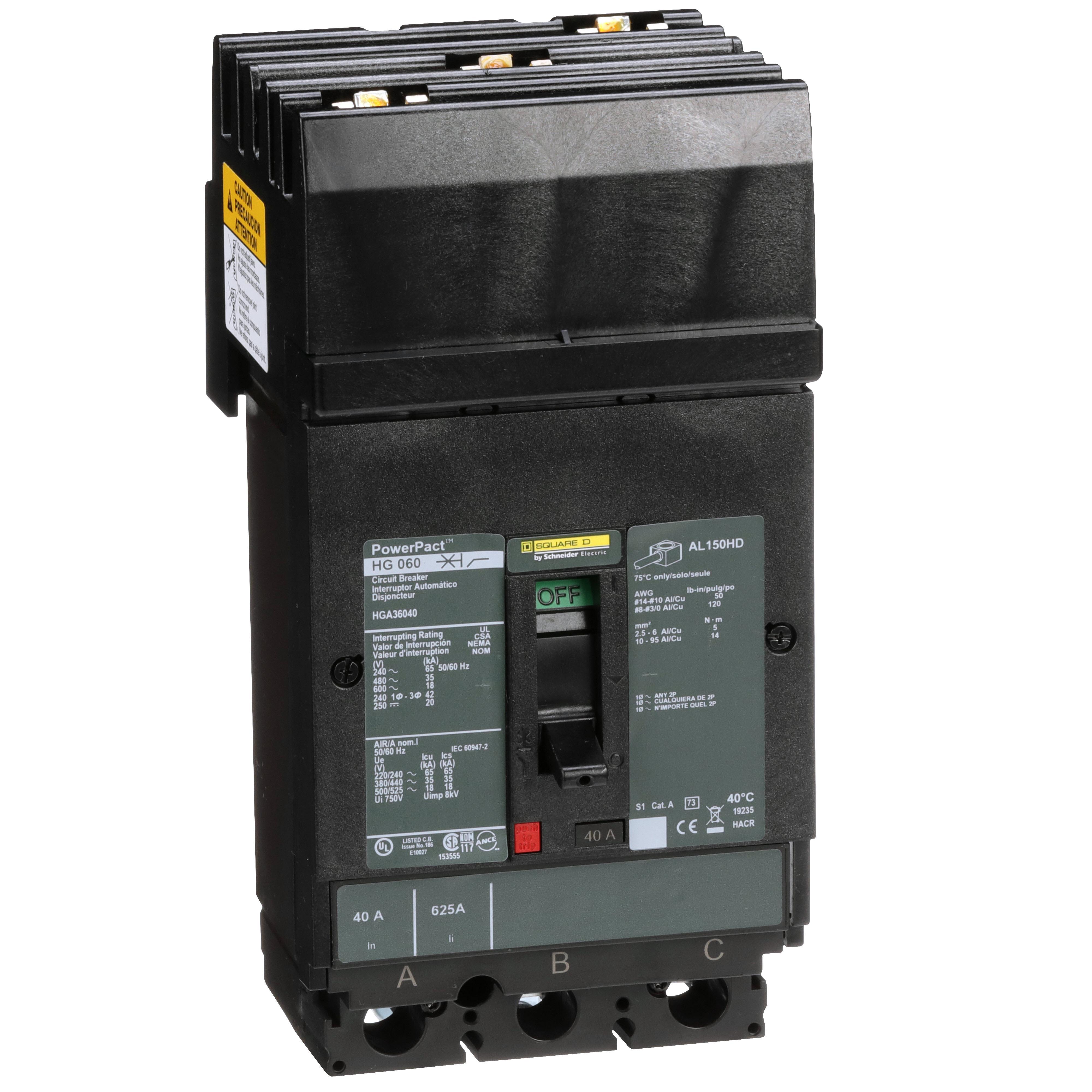 Square D™ PowerPact™ HGA36040 80% Rated Type HGA Molded Case Circuit Breaker, 600 V AC/250 V DC, 40 A, 65 kA at 240 VAC/35 kA at 480 VAC/18 kA at 600 VAC/20 kA at 250VDC Interrupt, 3 Poles, Thermal Magnetic Trip