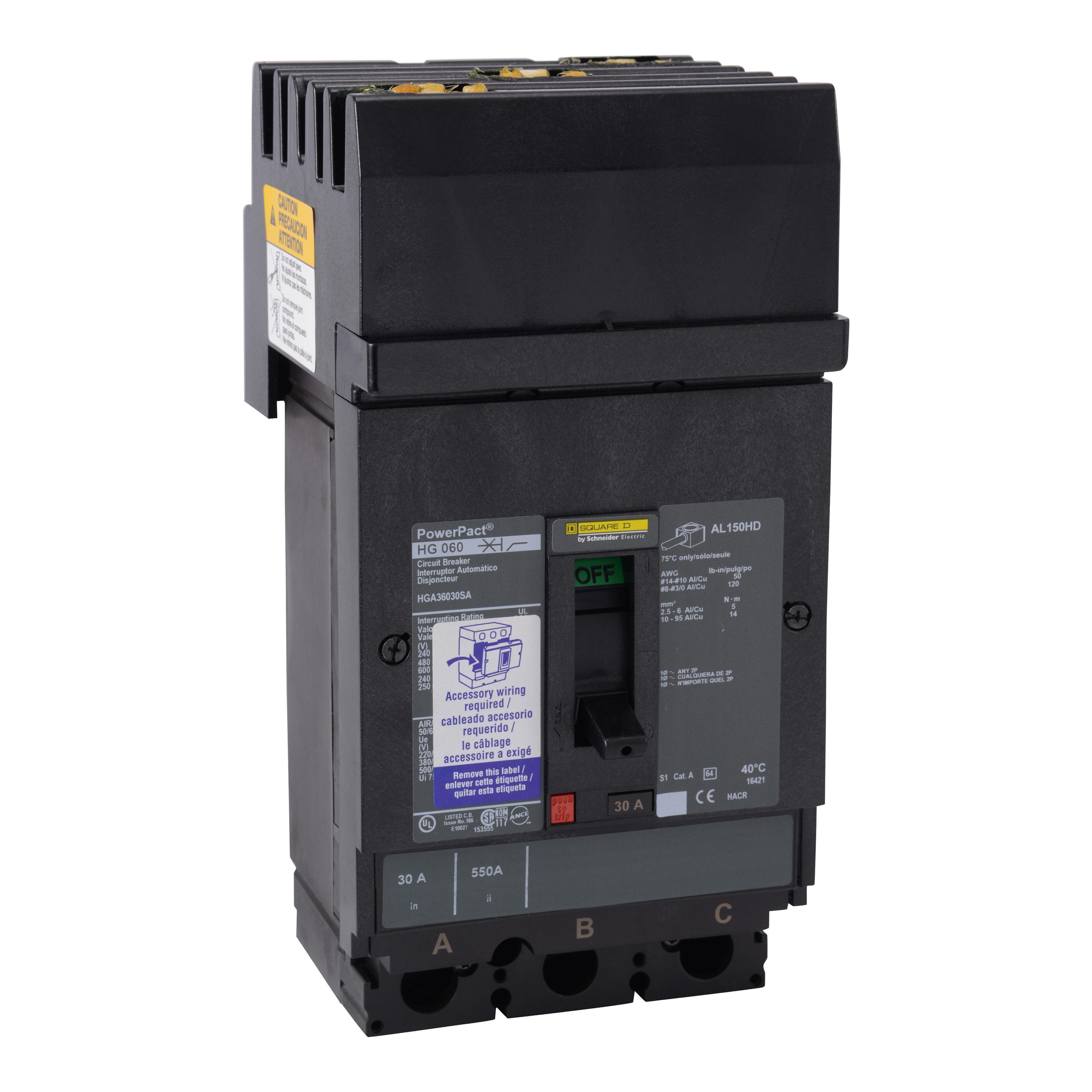 Schneider Electric Square D™ PowerPact™ H HGA36150U33X Molded Case Circuit Breaker, 600 V AC, 150 A, 18 kA Interrupt, 3 Poles, Electronic Trip
