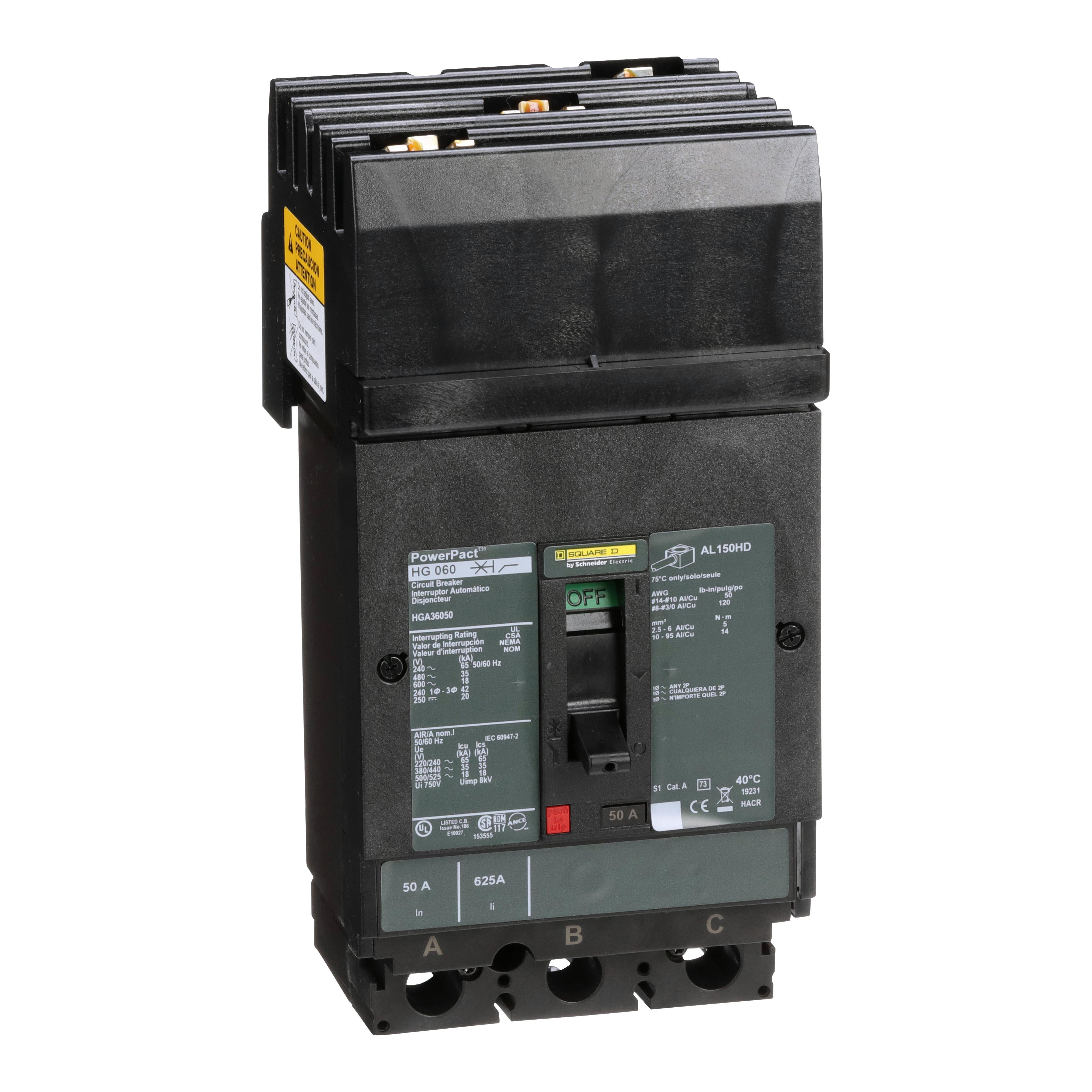Square D™ HGA36050 HGA Molded Case Circuit Breaker, 600 V AC/250/500 V DC, 50 A, 18 to 20 kA Interrupt, 3 Poles, Thermal Magnetic Trip