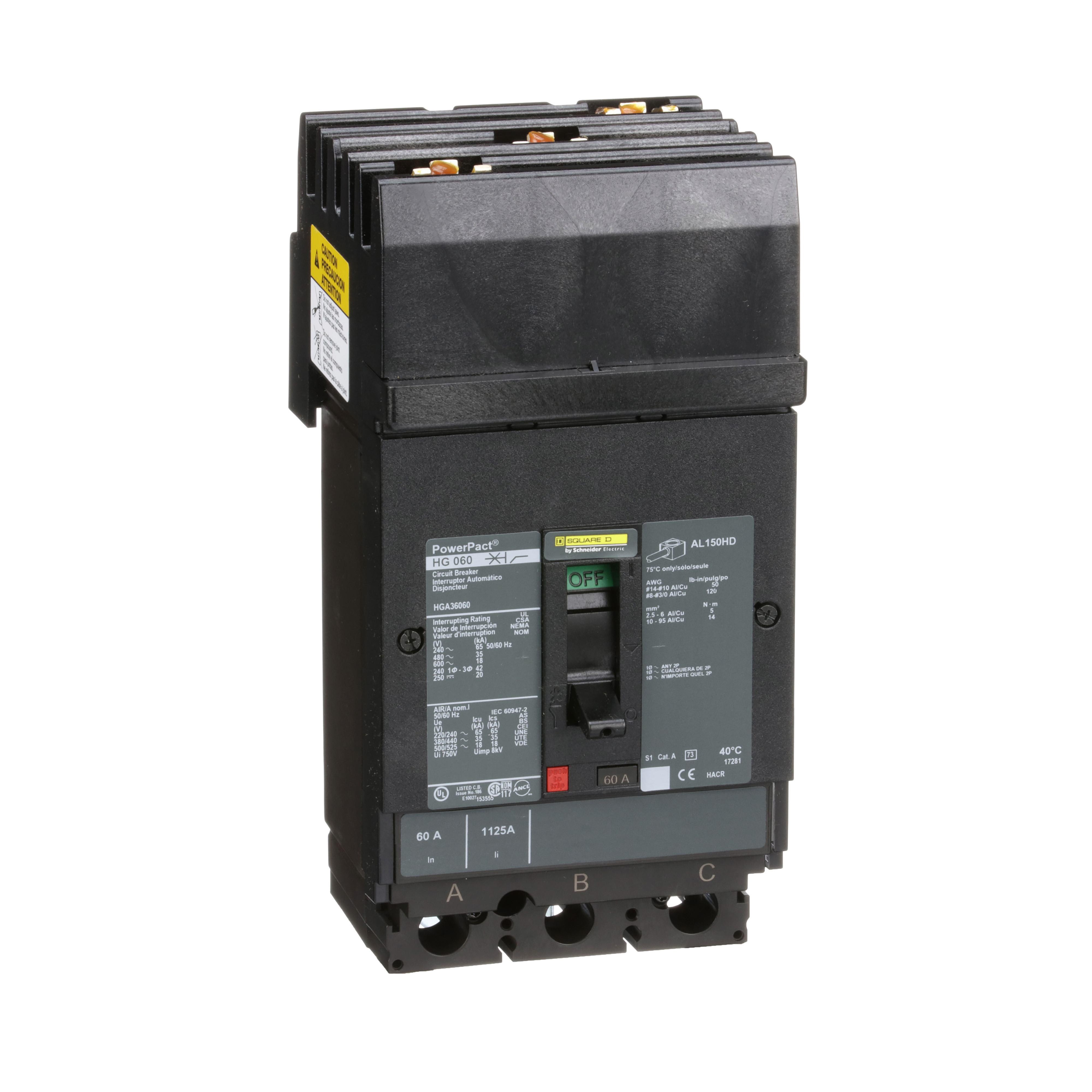 Square D™ HGA36060 HGA Molded Case Circuit Breaker, 600 V AC/250 V DC, 60 A, 65 kA at 240 VAC/35 kA at 480 VAC/18 kA at 600 VAC/20 kA at 250VDC Interrupt, 3 Poles, Thermal Magnetic Trip