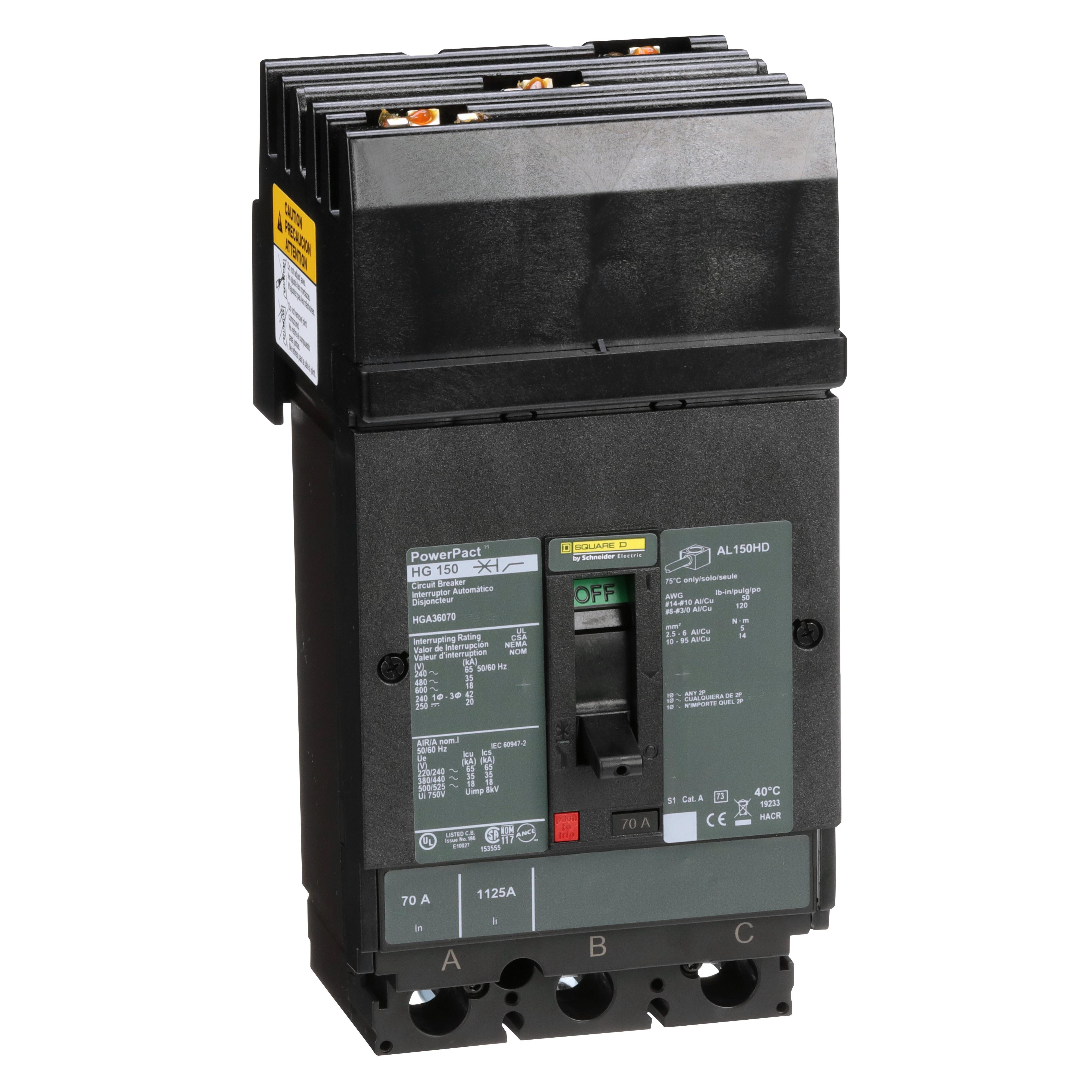 Square D™ PowerPact™ HGA36070 80% Rated Type HGA Molded Case Circuit Breaker, 600 V AC/250 V DC, 70 A, 65 kA at 240 VAC/35 kA at 480 VAC/18 kA at 600 VAC/20 kA at 250VDC Interrupt, 3 Poles, Thermal Magnetic Trip