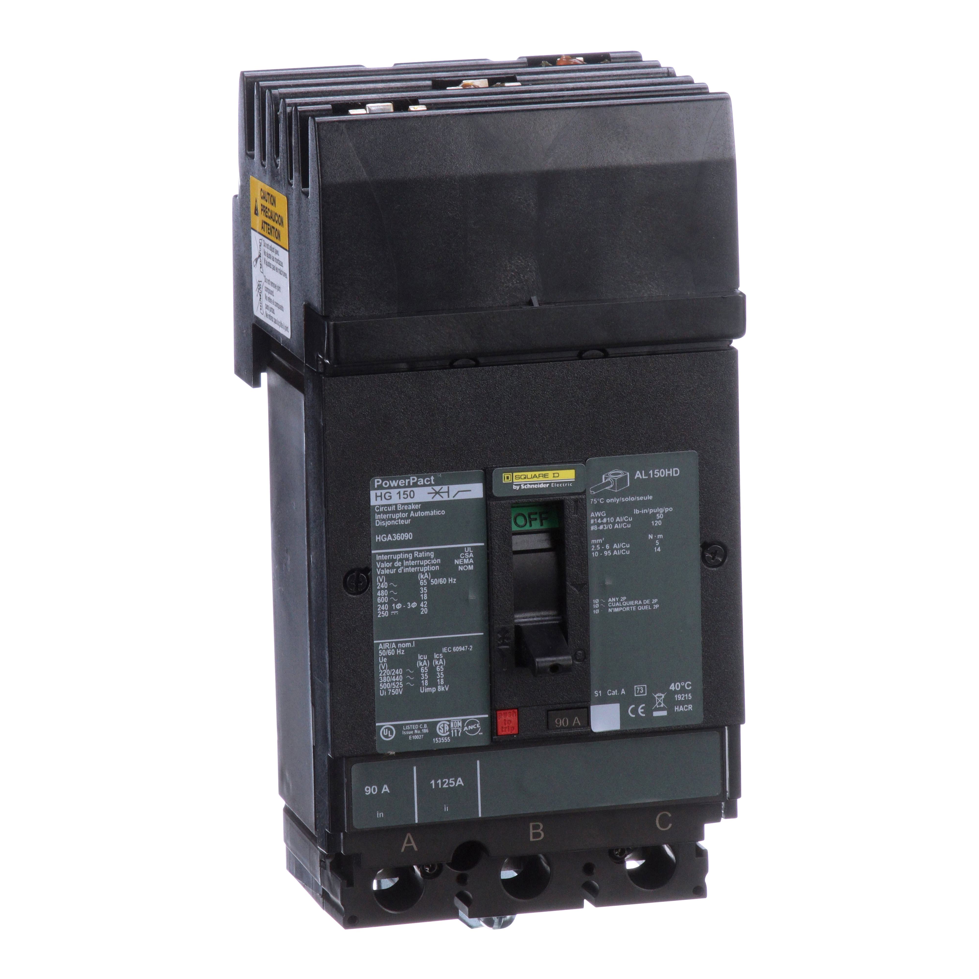 Square D™ I-Line™ PowerPact™ HGA36090 80% Rated Type HGA Molded Case Circuit Breaker, 600 V AC/250 to 500 V DC, 90 A, 250 VDC/500 VDC/600 VAC/65 kA at 240 VAC/35 kA at 480 VAC/18 kA at 600 VAC/20 kA at 500 VDC/20 kA at 250 VDC Interrupt, 3 Poles