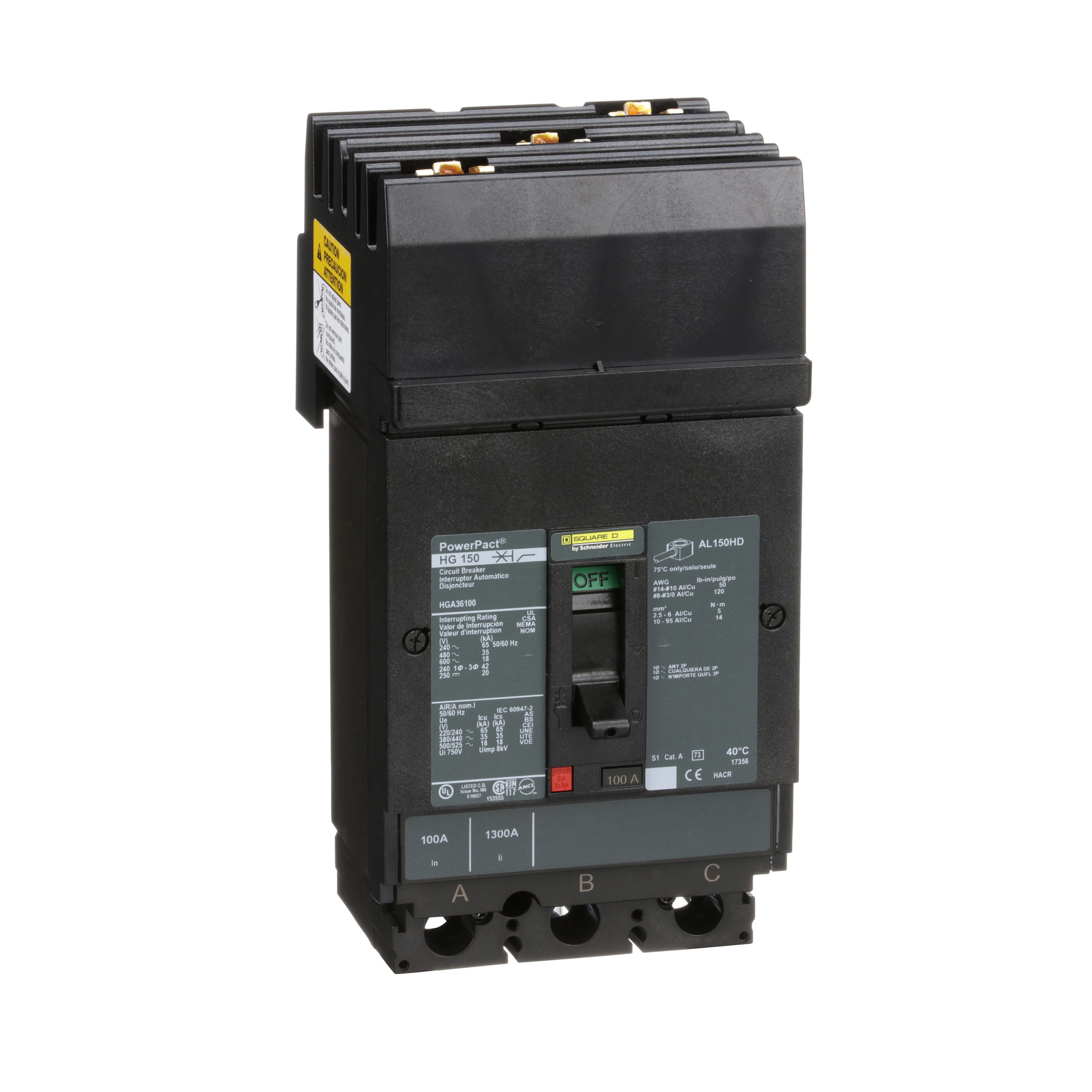 Square D™ PowerPact™ HGA36100 80% Rated Type HGA Molded Case Circuit Breaker, 600 V AC/250 V DC, 100 A, 65 kA at 240 VAC/35 kA at 480 VAC/18 kA at 600 VAC/20 kA at 250VDC Interrupt, 3 Poles, Thermal Magnetic Trip