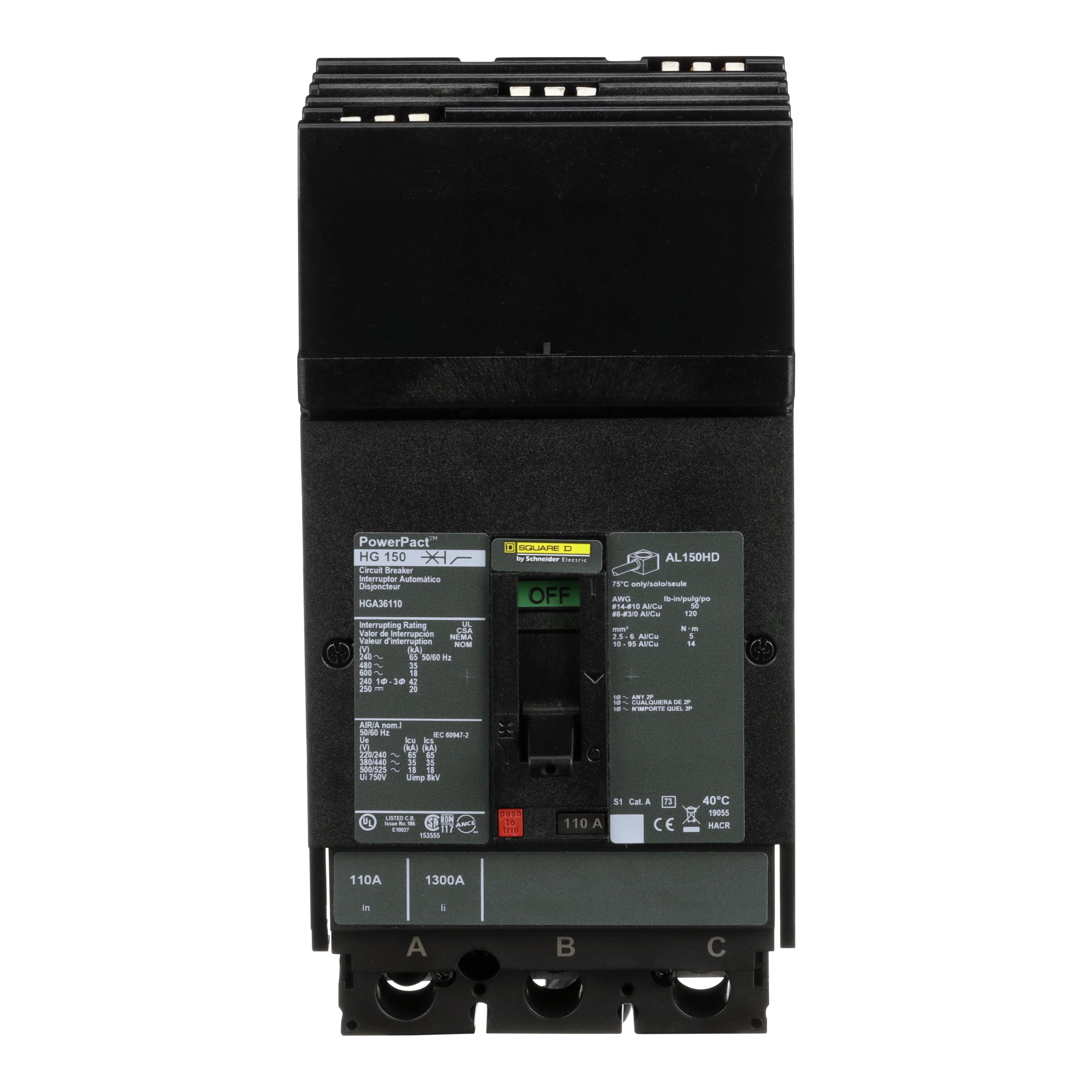 Square D™ HGA36110 HGA 80% Rated Type HGA 3-Pole Molded Case Circuit Breaker, 600 V AC/250/500 V DC, 110 A, 18 to 20 kA Interrupt, 3 Poles, Thermal Magnetic Trip