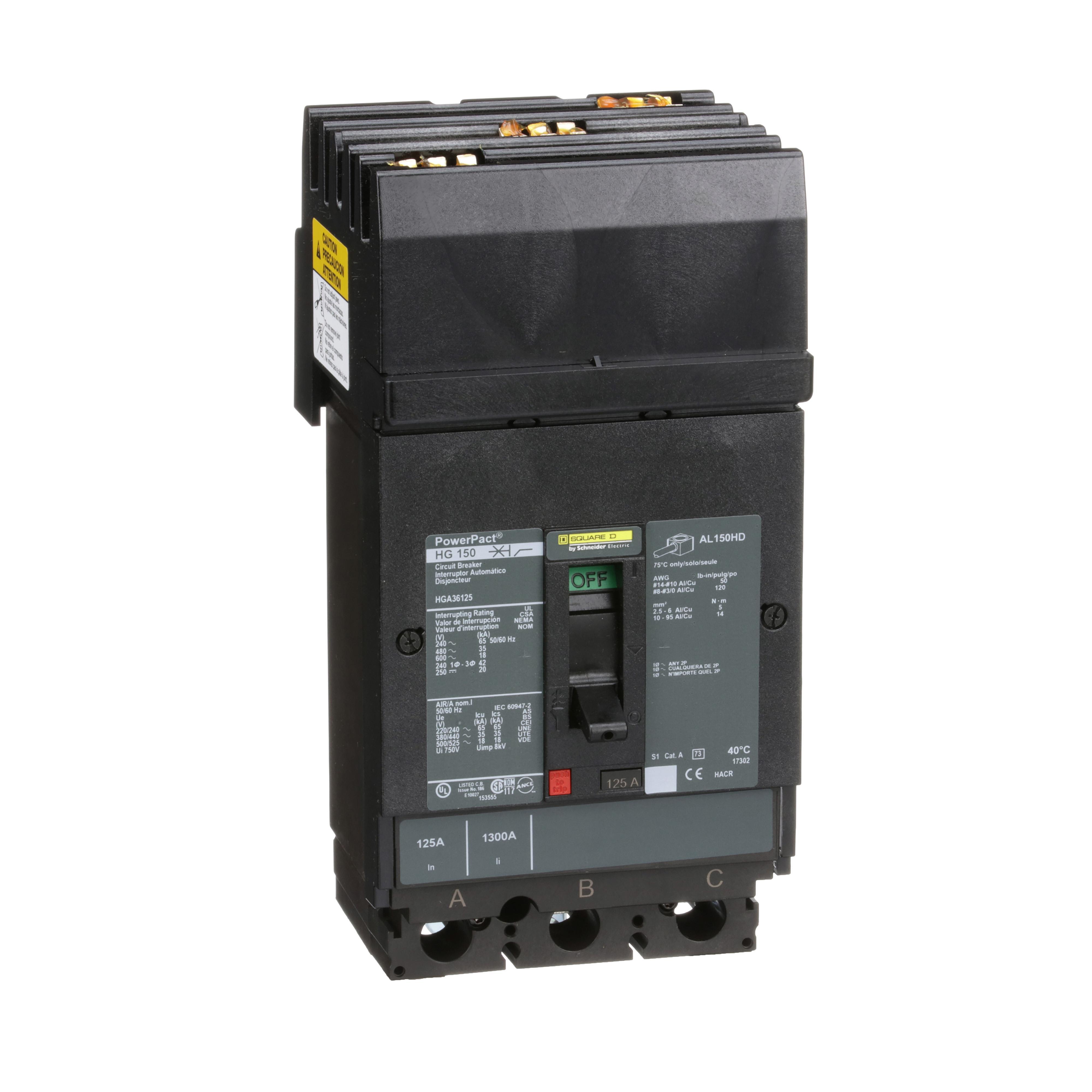 Square D™ PowerPact™ HGA36125 80% Rated Type HGA Molded Case Circuit Breaker, 600 V AC/250 V DC, 125 A, 65 kA at 240 VAC/35 kA at 480 VAC/18 kA at 600 VAC/20 kA at 250VDC Interrupt, 3 Poles, Thermal Magnetic Trip