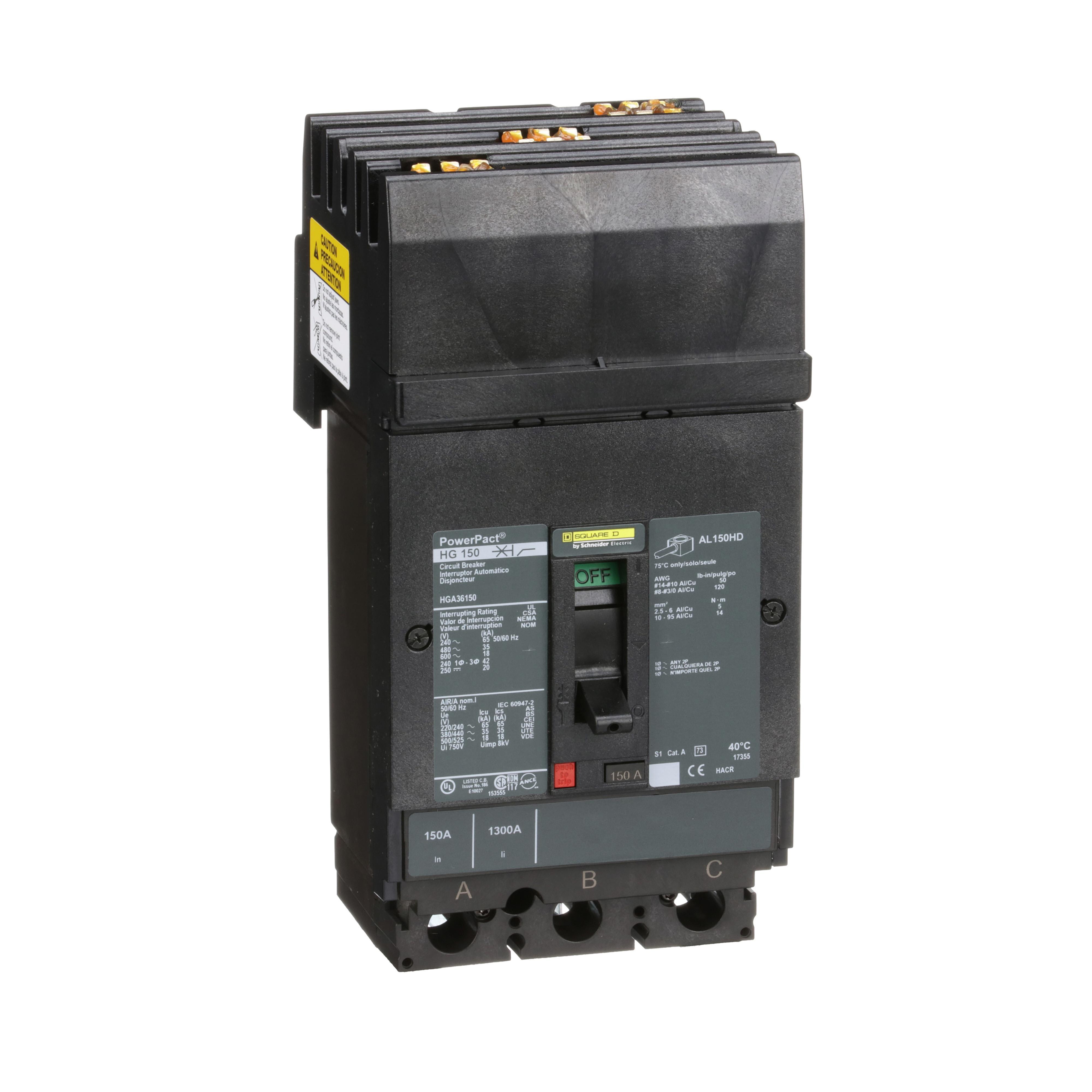 Square D™ PowerPact™ HGA36150 80% Rated Type HGA Molded Case Circuit Breaker, 600 V AC/250 V DC, 150 A, 65 kA at 240 VAC/35 kA at 480 VAC/18 kA at 600 VAC/20 kA at 250VDC Interrupt, 3 Poles, Thermal Magnetic Trip