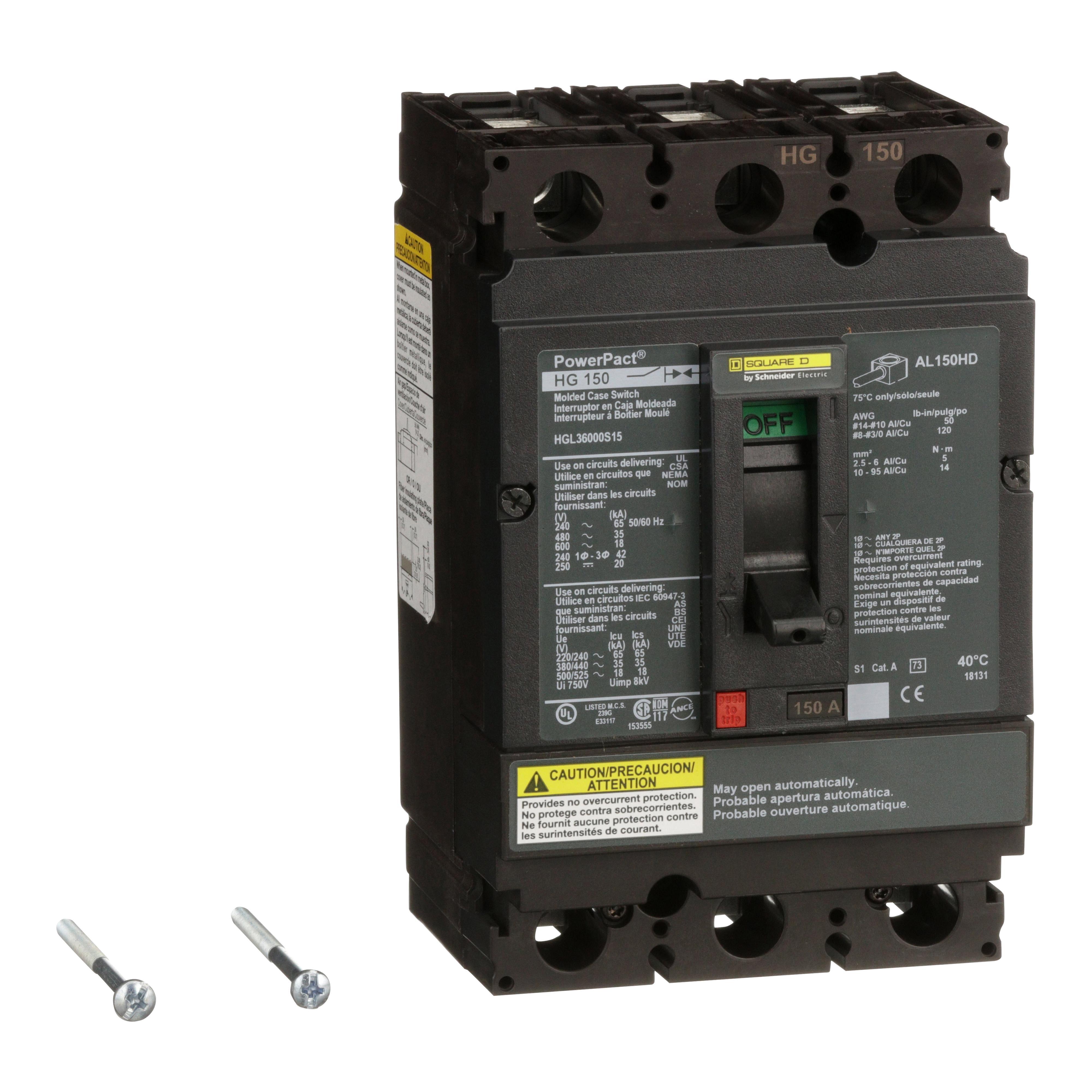 Square D™ PowerPact™ HGL36000S15 Type HGL Automatic Molded Case Circuit Breaker, 600 V AC, 150 A, 18 kA Interrupt, 3 Poles
