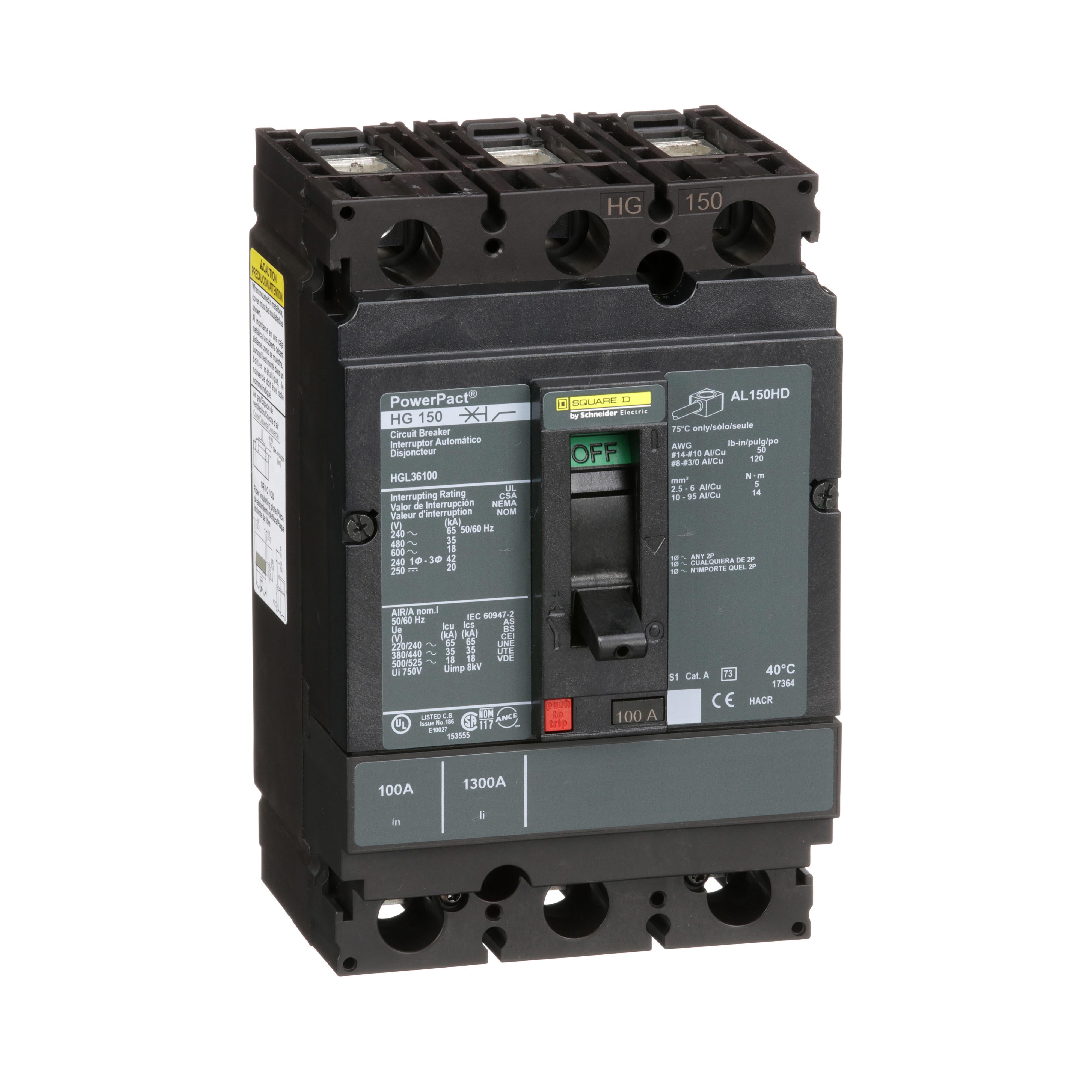 Square D™ PowerPact™ HGL36100 80% Rated Type HGL Molded Case Circuit Breaker, 600 V AC/250 V DC, 100 A, 65 kA at 240 VAC/35 kA at 480 VAC/18 kA at 600 VAC/20 kA at 250VDC Interrupt, 3 Poles, Thermal Magnetic Trip