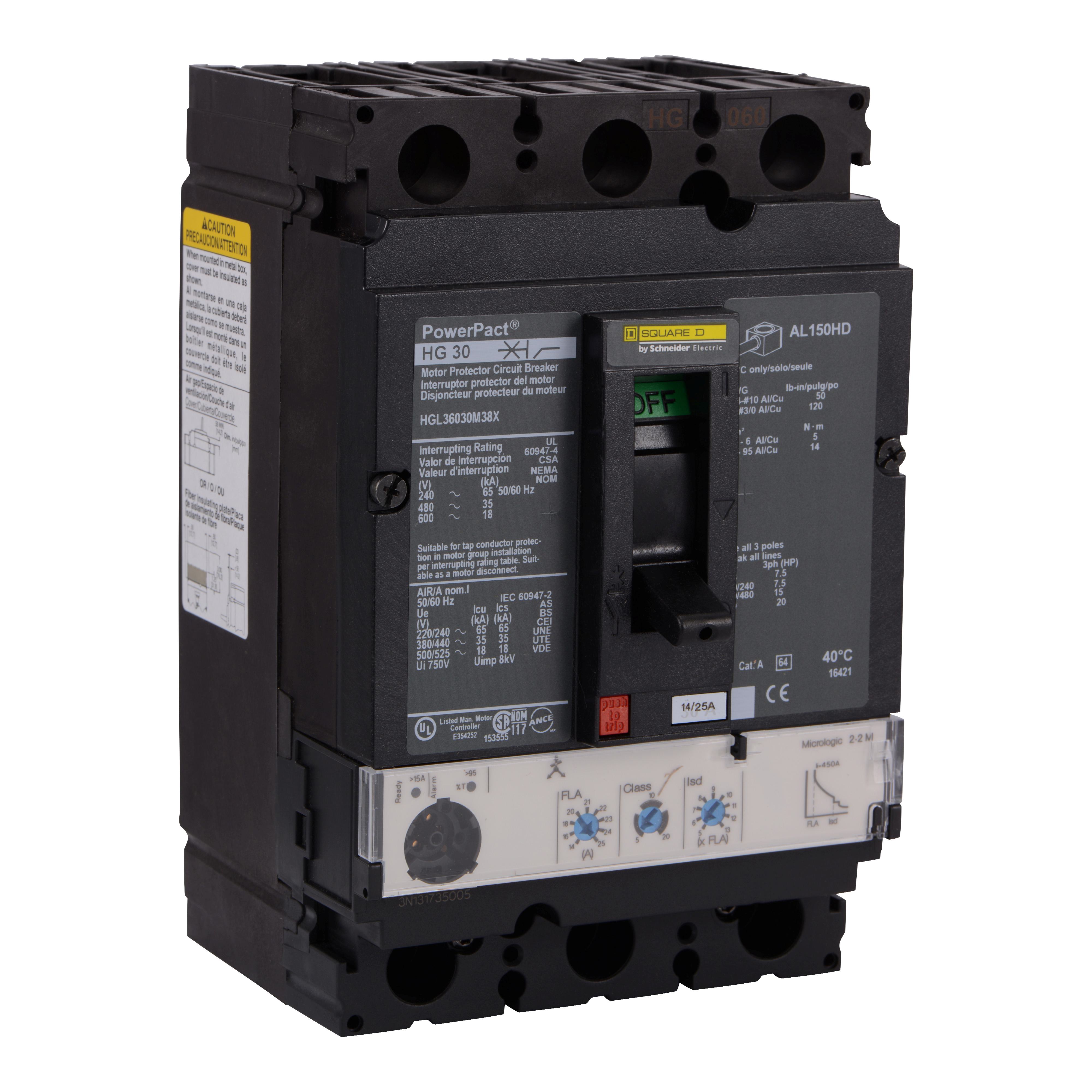 Square D™ PowerPact™ HGL36150M38X Motor Circuit Protector, 600 V AC, 15 A, 18 Interrupt, 3 Poles, Magnetic Trip