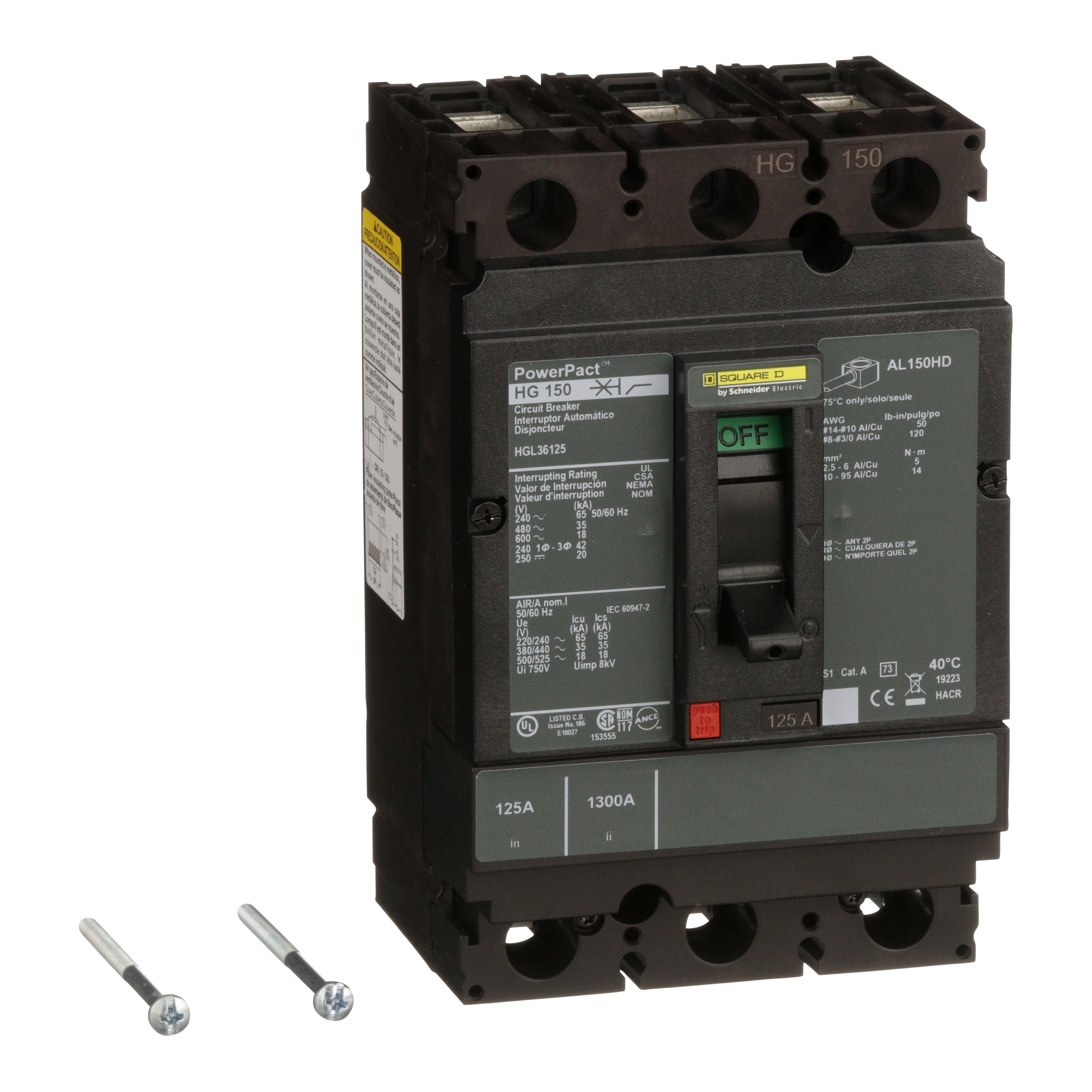 Square D™ HGL36125 HGL Molded Case Circuit Breaker, 600 V AC/250/500 V DC, 125 A, 18 to 20 kA Interrupt, 3 Poles, Thermal Magnetic Trip