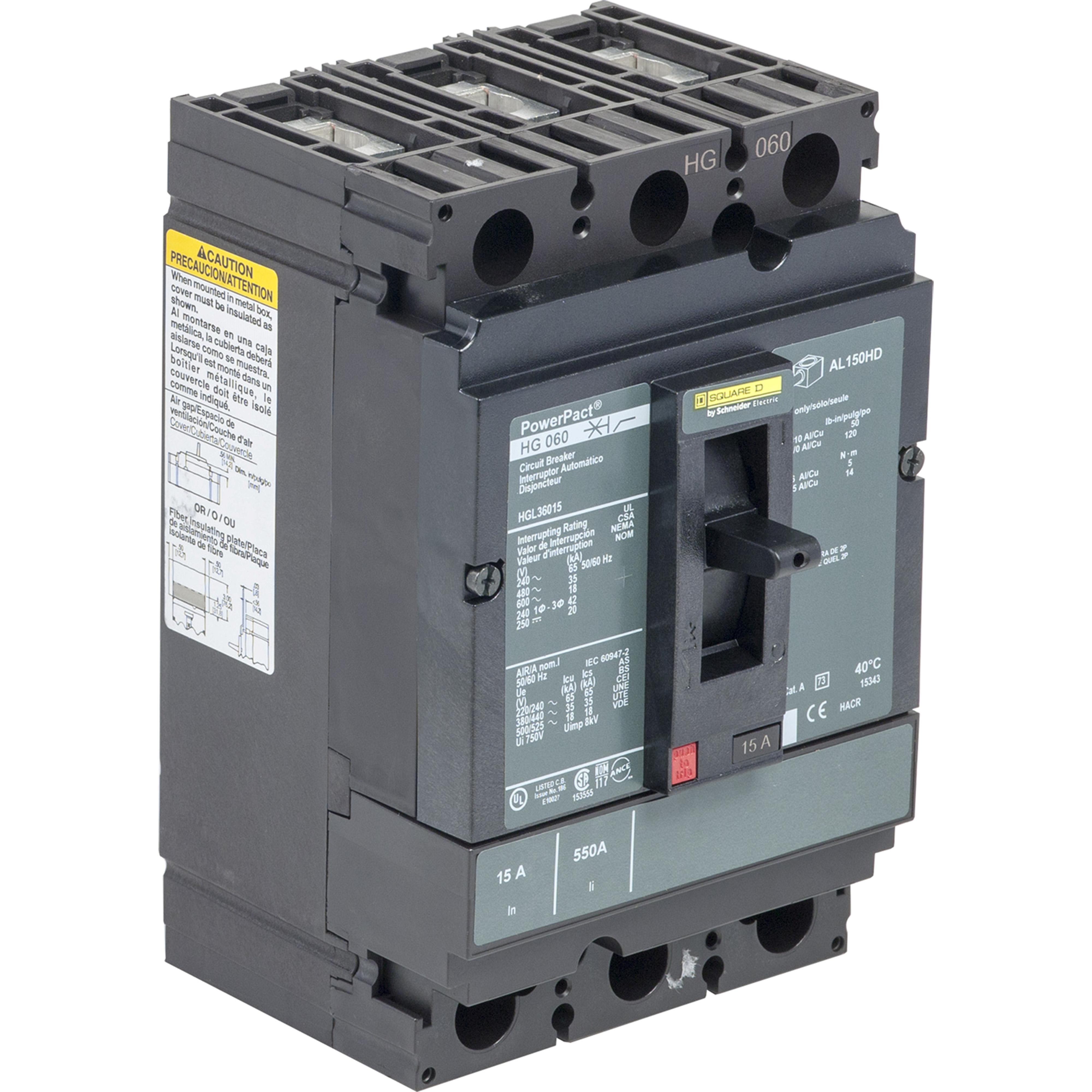 Square D™ I-Line™ PowerPact™ HGL36150SA Molded Case Circuit Breaker, 600 V AC, 150 A, 65 kA at 240 V AC, 35 kA at 480 V AC, 18 kA at 600 V AC, 20 kA at 250/500 VDC Interrupt, 3 Poles, Thermal Magnetic Trip