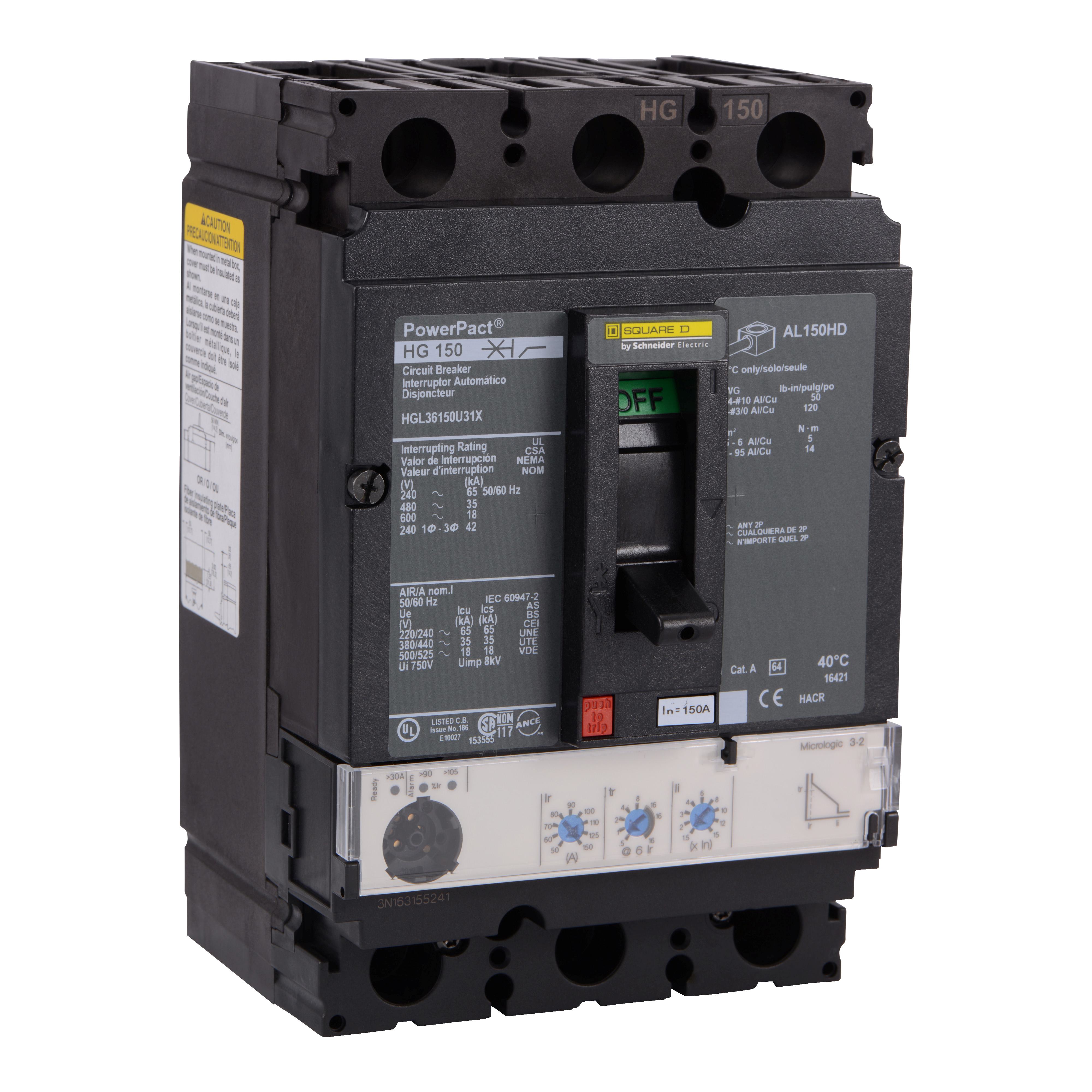 Square D™ I-Line™ PowerPact™ HGL36150U31X Type HGL Molded Case Circuit Breaker, 600 V AC, 150 A, 65 kA at 240 V AC/35 kA at 480 V AC/18 kA at 600 V AC/20 kA at 250/500 VDC Interrupt, 3 Poles, Electronic Trip
