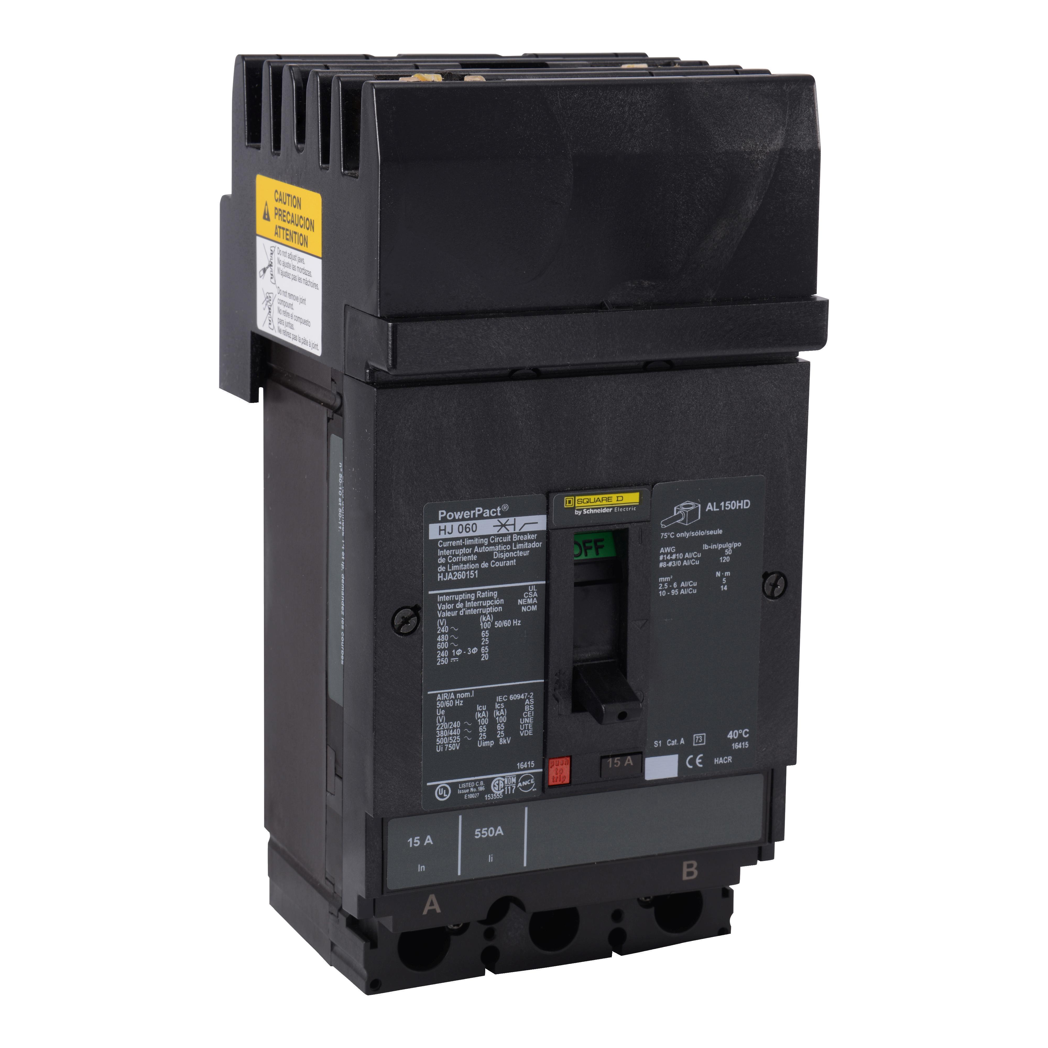 Square D™ I-Line™ PowerPact™ HJA261001 80% Rated Type HJA Molded Case Circuit Breaker, 600 V AC/250 V DC, 100 A, 250 VDC/600 VAC/65 kA at 480 VAC/25 kA at 600 VAC/100 kA at 240 VAC/20 kA at 250 VDC Interrupt, 2 Poles, Thermal Magnetic Trip