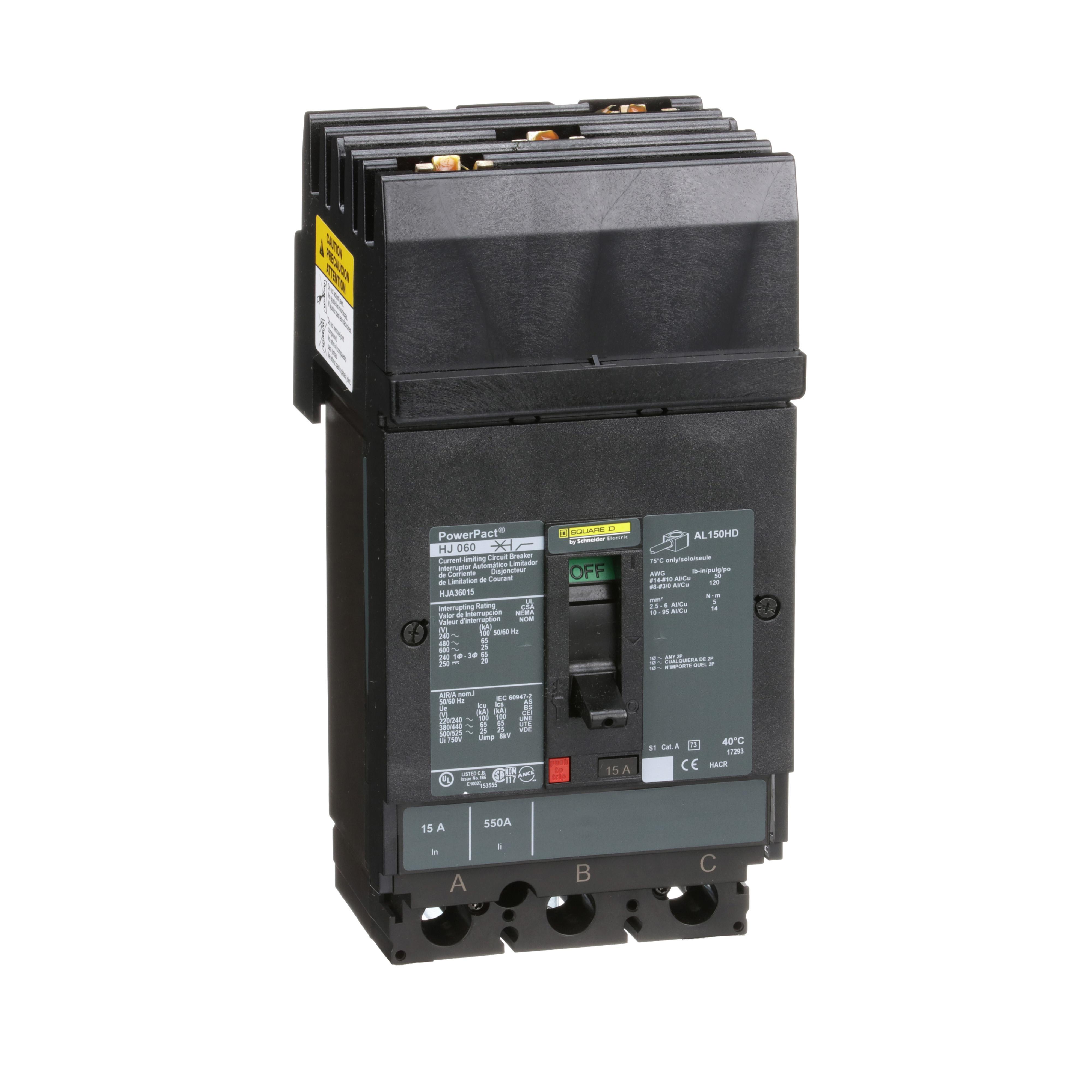 Square D™ I-Line™ PowerPact™ HJA36015 80% Rated Type HJA Molded Case Circuit Breaker, 600 V AC/250 V DC, 15 A, 100 kA at 240 VAC/65 kA at 480 VAC/25 kA at 600 VAC/20 kA at 250VDC Interrupt, 3 Poles, Thermal Magnetic Trip