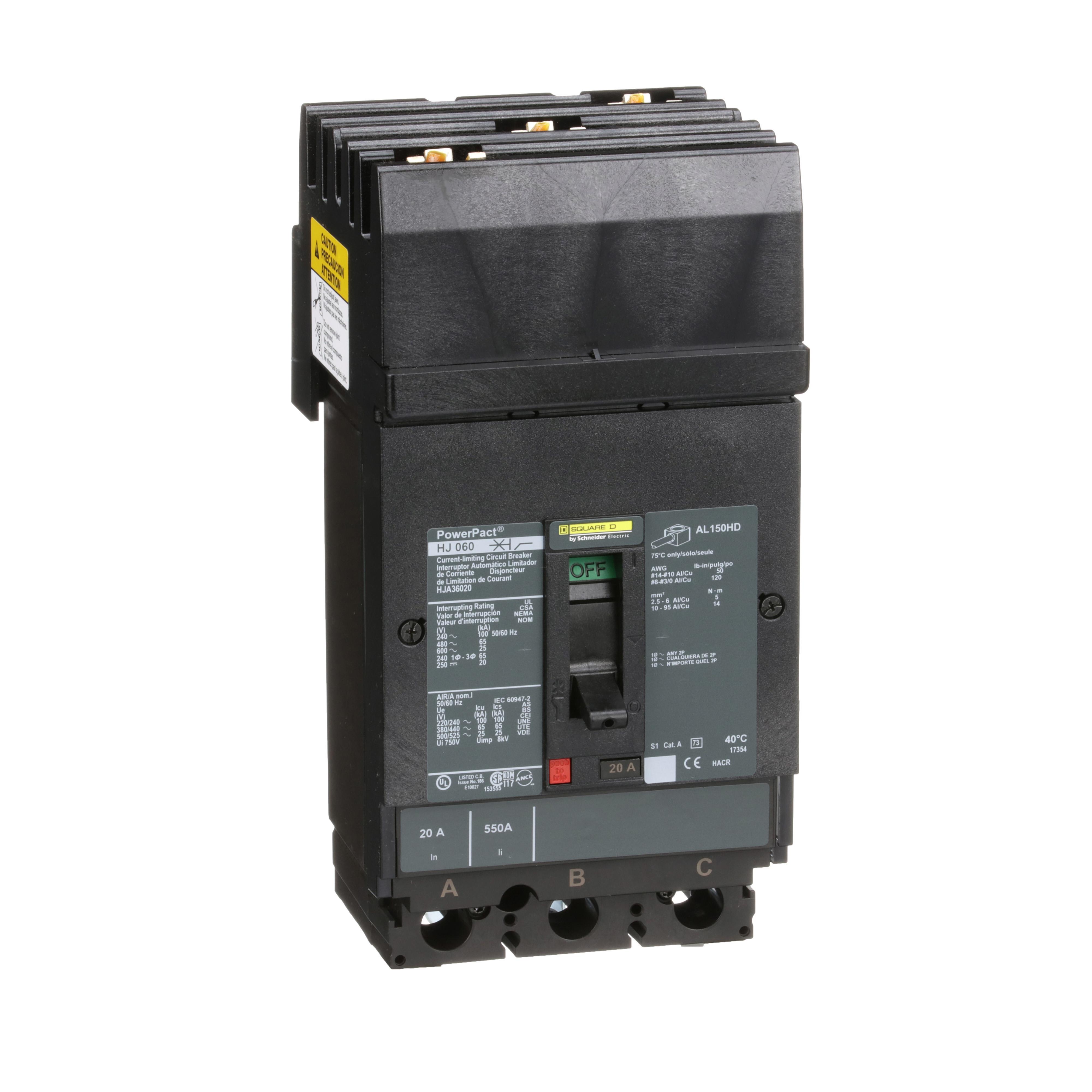 Square D™ PowerPact™ HJA36020 80% Rated Type HJA Molded Case Circuit Breaker, 600 V AC/250 V DC, 20 A, 100 kA at 240 VAC/65 kA at 480 VAC/25 kA at 600 VAC/20 kA at 250VDC Interrupt, 3 Poles, Thermal Magnetic Trip