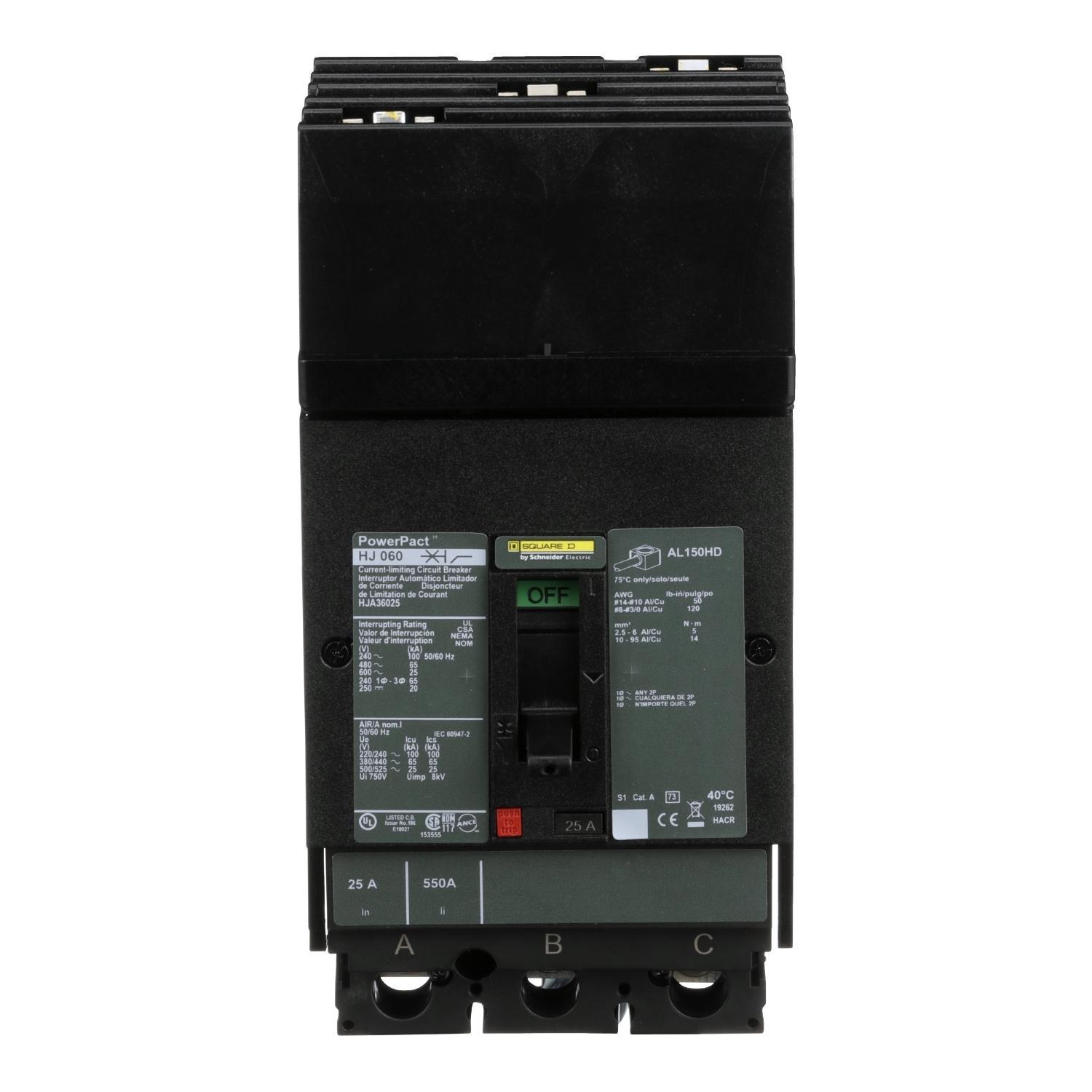 Square D™ PowerPact™ HJA36025 80% Rated Type HJA Molded Case Circuit Breaker, 600 V AC/250 V DC, 25 A, 100 kA at 240 VAC/65 kA at 480 VAC/25 kA at 600 VAC/20 kA at 250VDC Interrupt, 3 Poles, Thermal Magnetic Trip