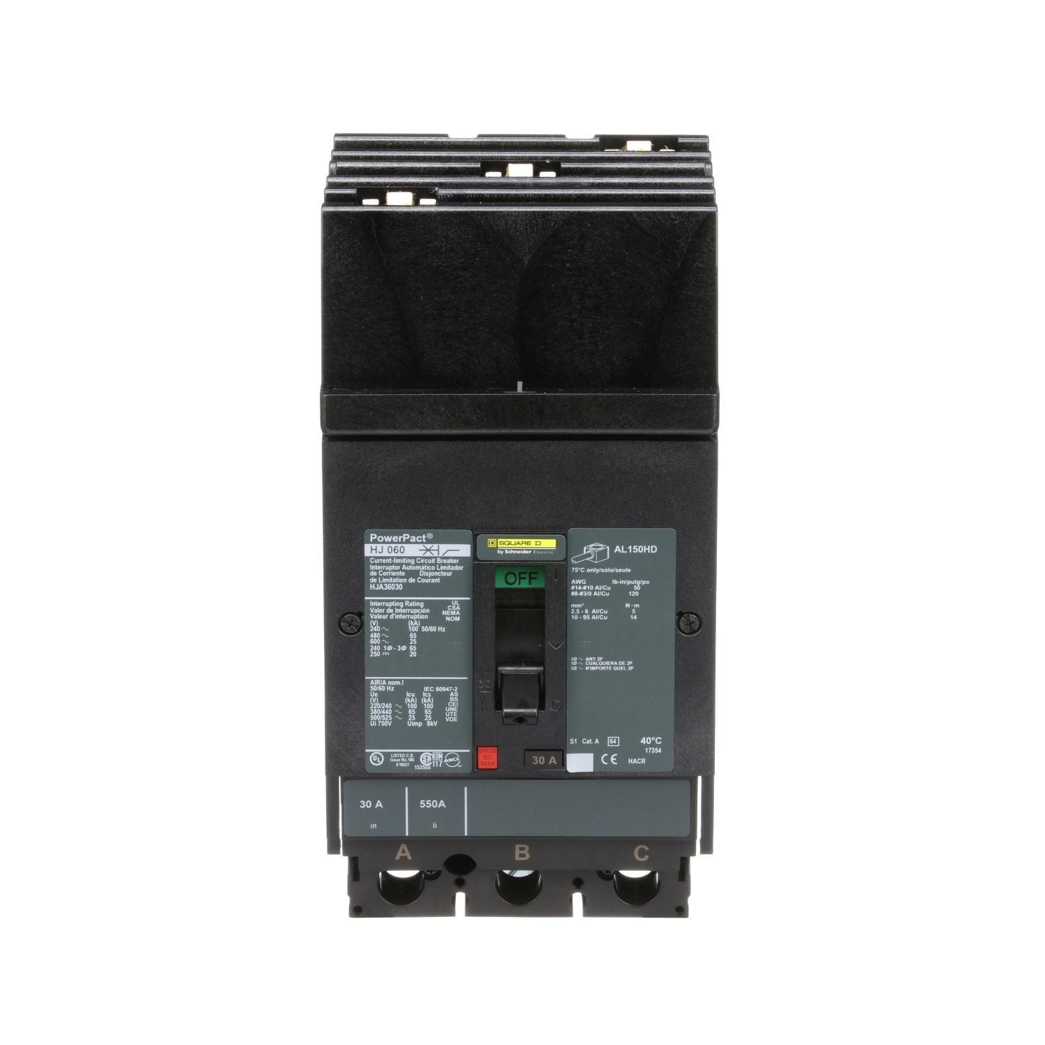 Square D™ PowerPact™ HJA36030 80% Rated Type HJA Molded Case Circuit Breaker, 600 V AC/250 V DC, 30 A, 100 kA at 240 VAC/65 kA at 480 VAC/25 kA at 600 VAC/20 kA at 250VDC Interrupt, 3 Poles, Thermal Magnetic Trip